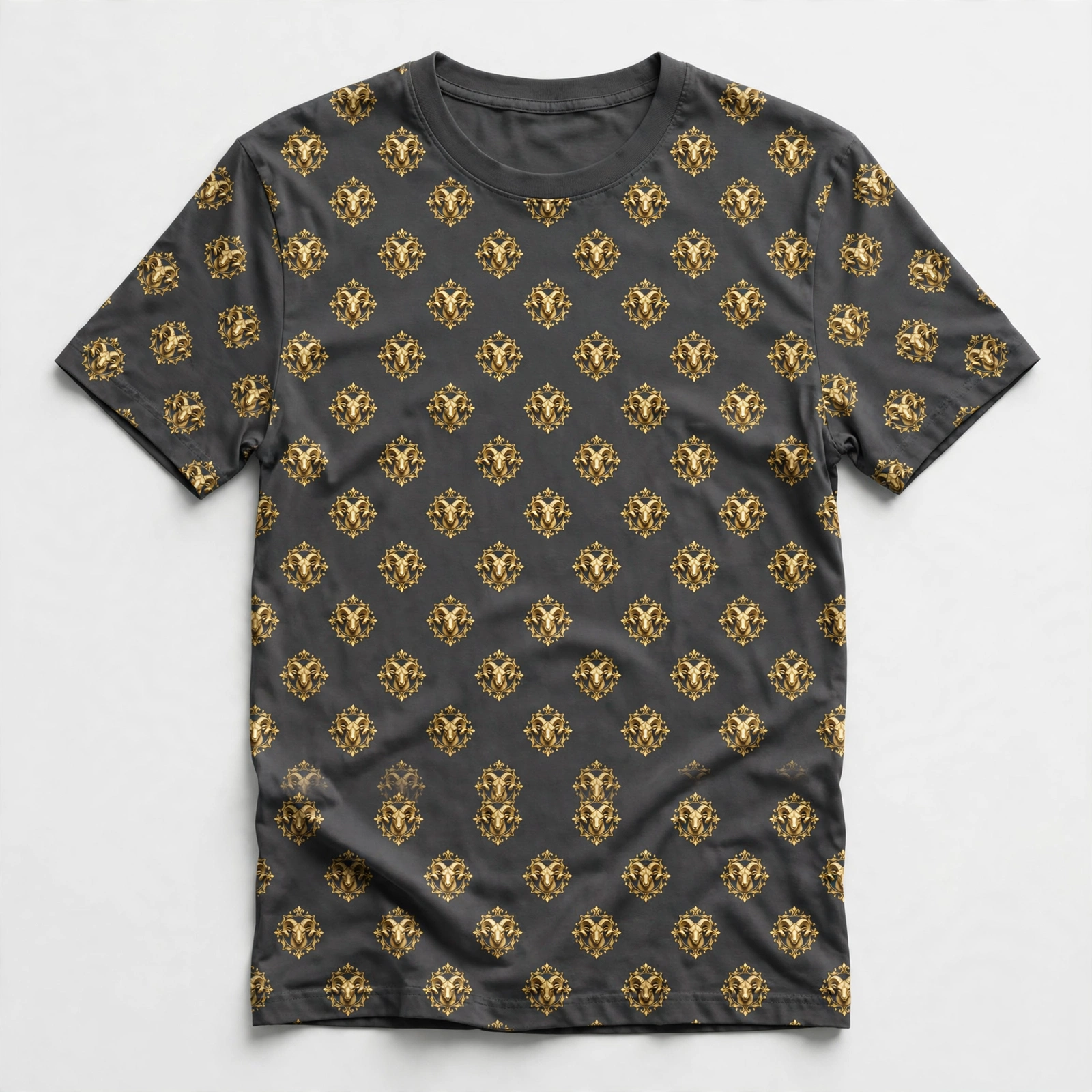 Charcoal T-shirt with an all-over gold ram-head monogram pattern
