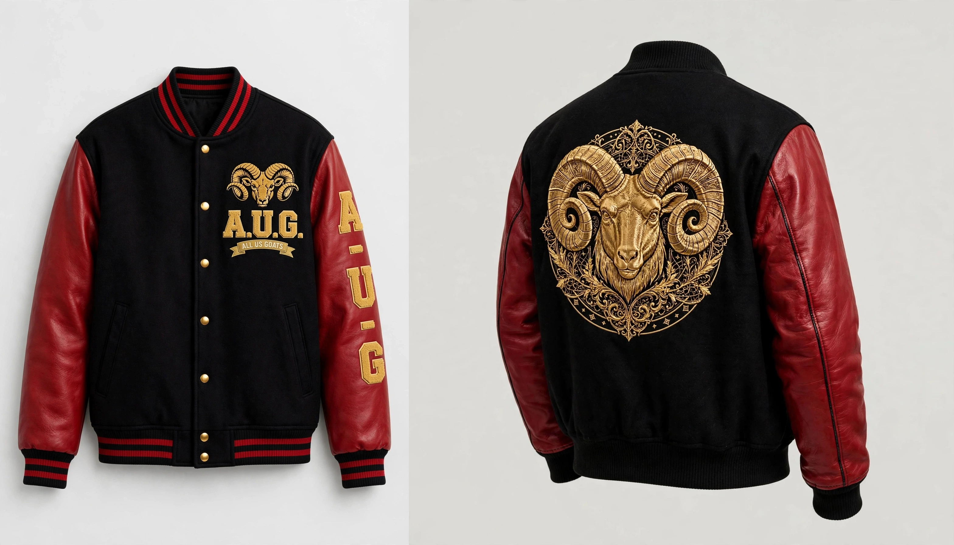 Front and back views of the black and red A.U.G. Black Ram varsity jacket concept