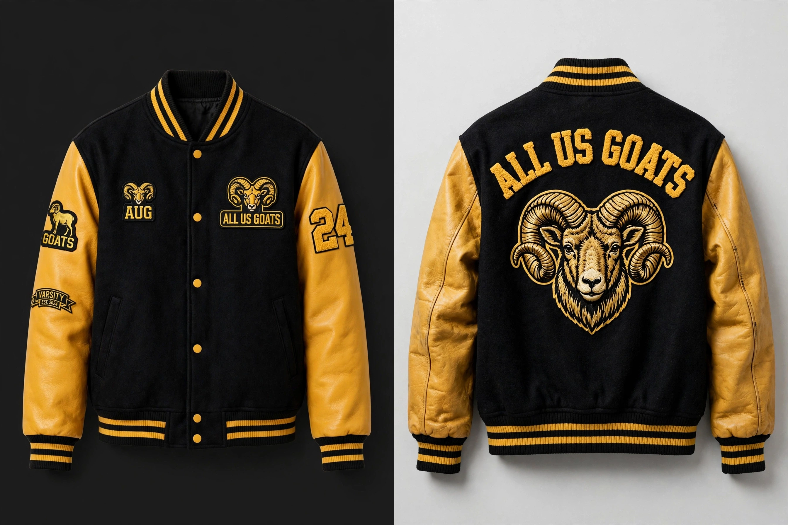 Front and back views of the black and yellow A.U.G. varsity jacket concept with ram emblems and varsity patches