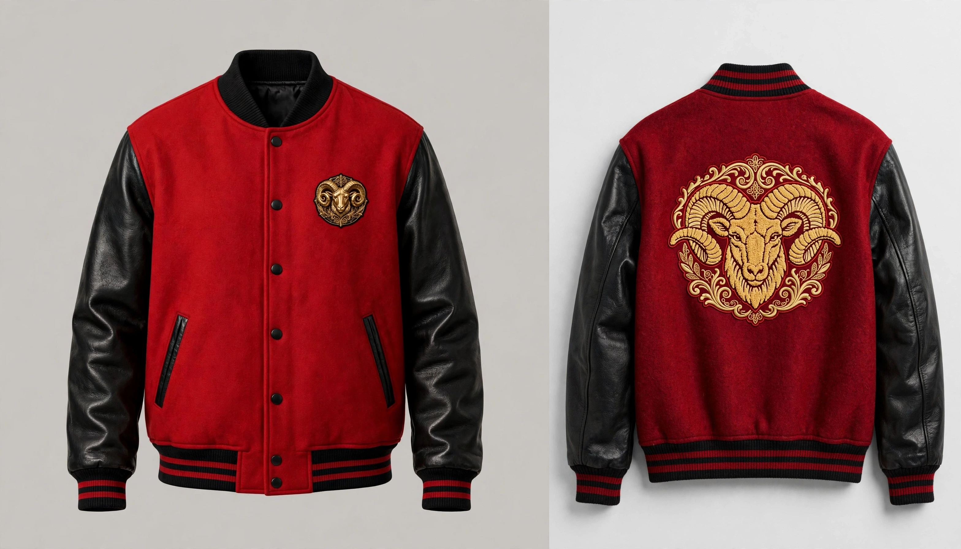 Front and back views of the red and black A.U.G. Black Ram varsity jacket concept