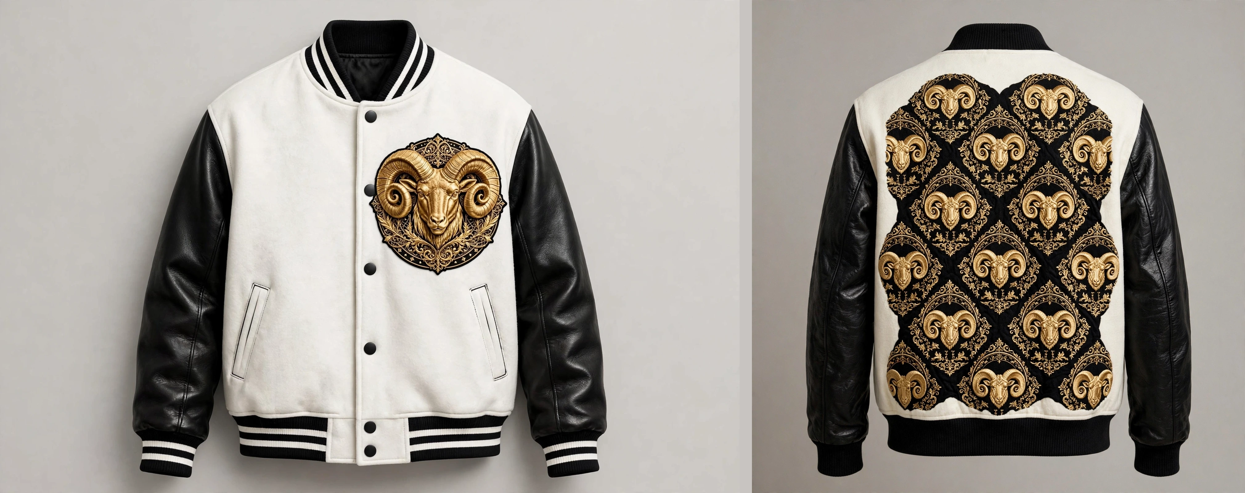 Front and back views of the white and black A.U.G. Black Ram varsity jacket concept