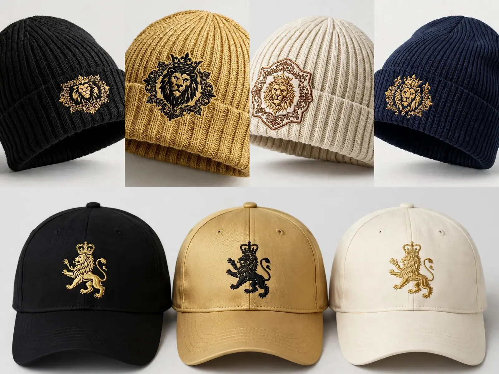Complete Aug Fin_Est hat collection with black, gold, cream and navy knit skullies plus black, gold and cream caps, all featuring gold crowned-lion emblems