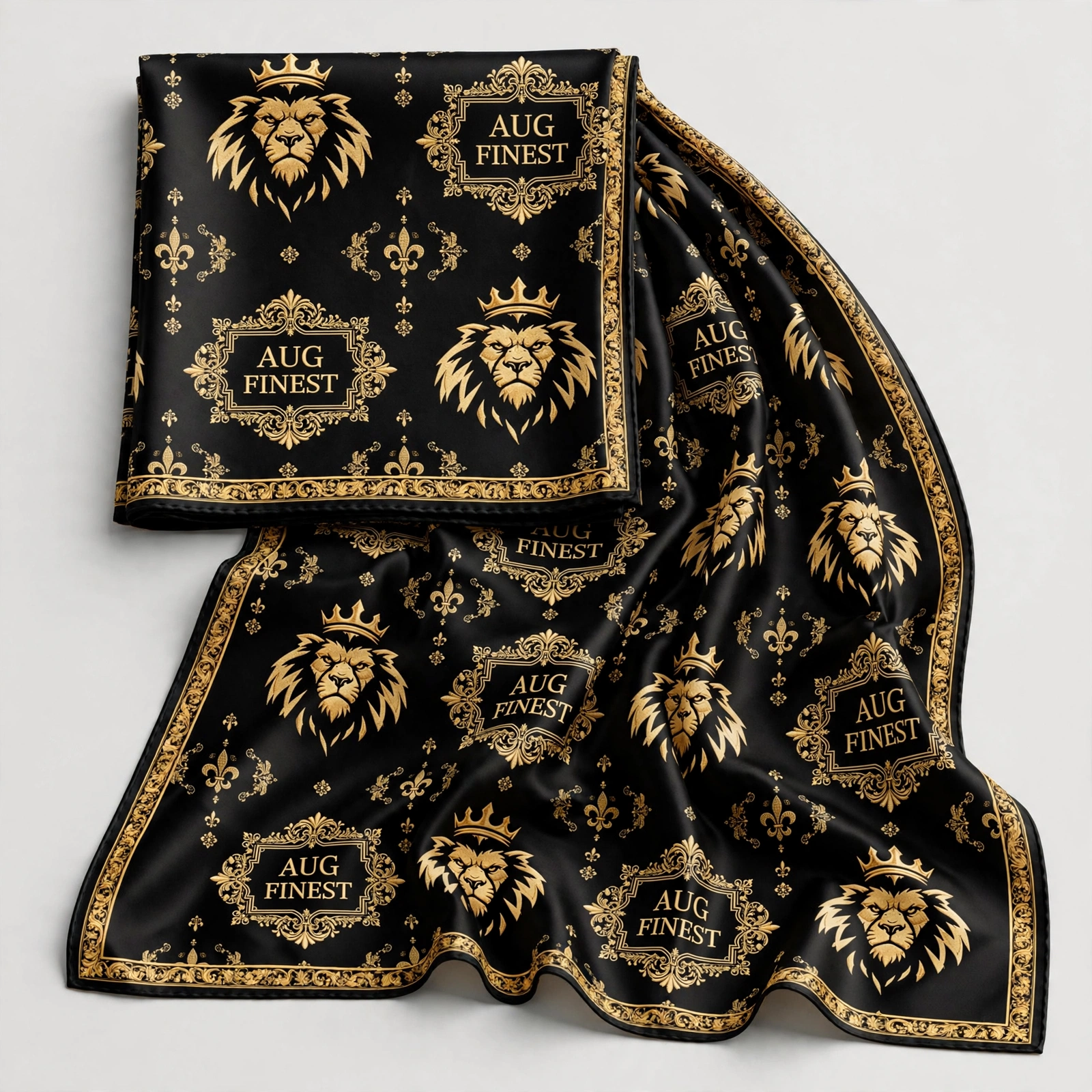 Black satin Aug Fin_Est head scarf with repeating crowned gold lions and ornate gold frames