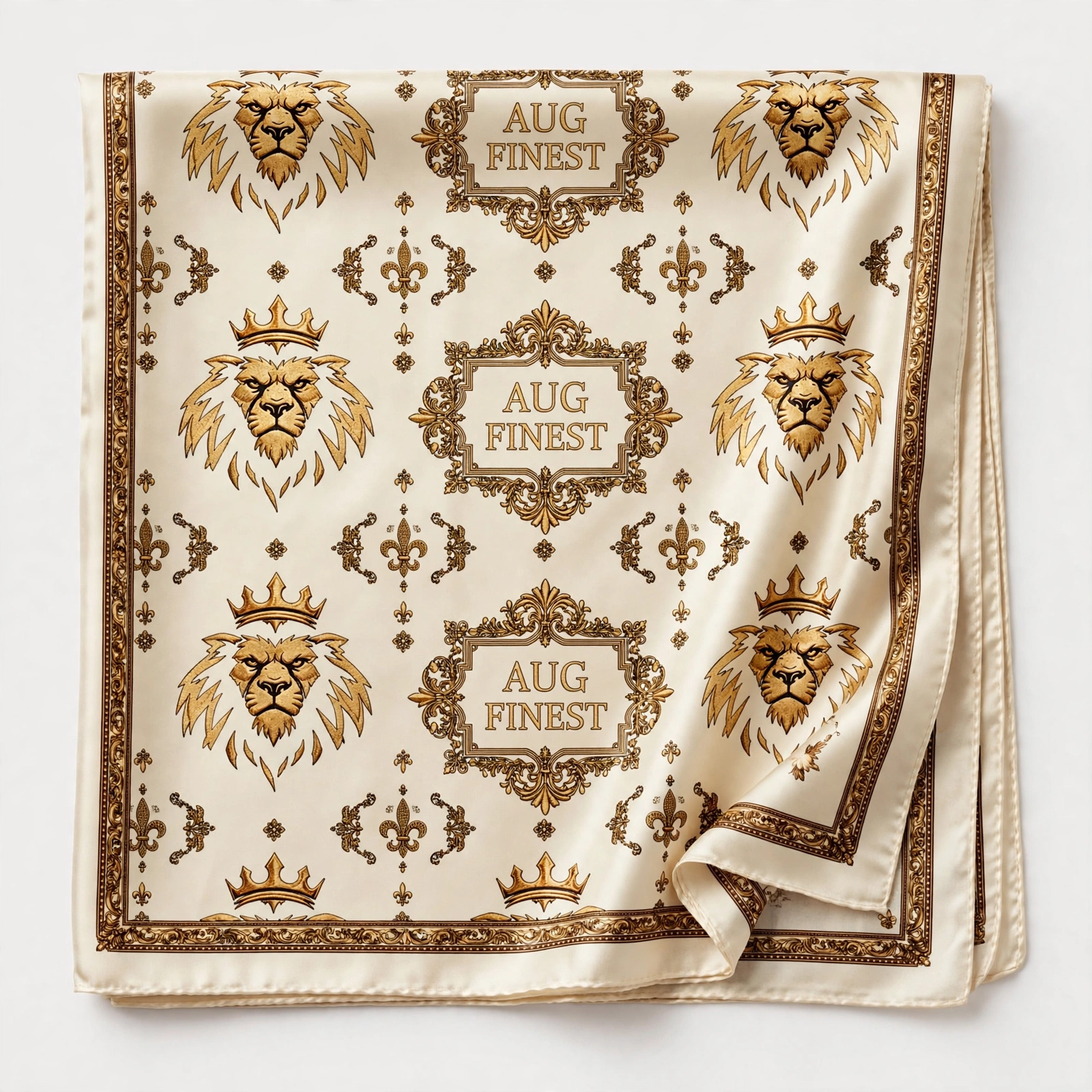 Cream satin Aug Fin_Est head scarf with repeating crowned gold lions and ornate frames