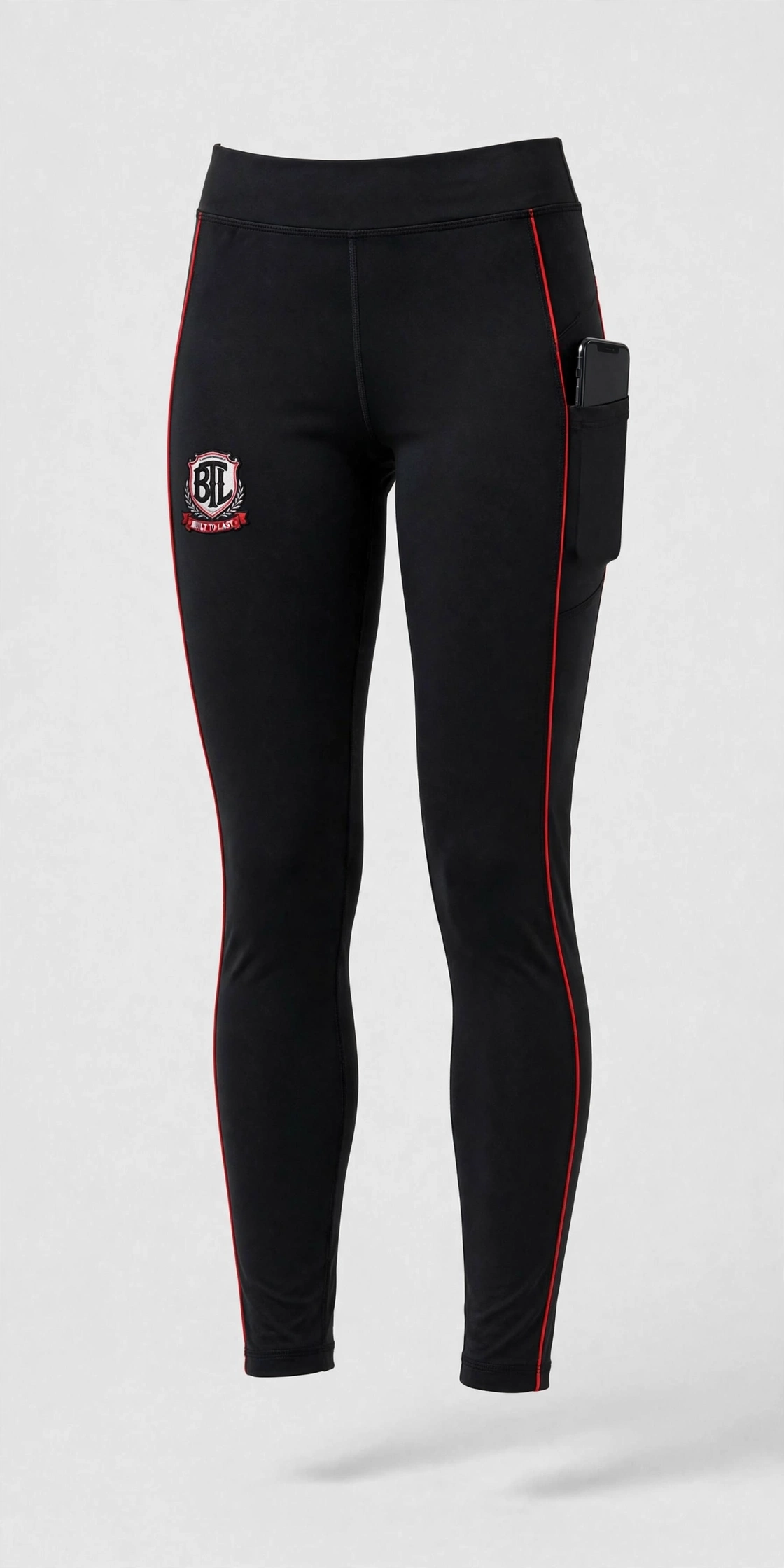 Black Built to Last women’s leggings with red piping, BTL crest and side phone pocket