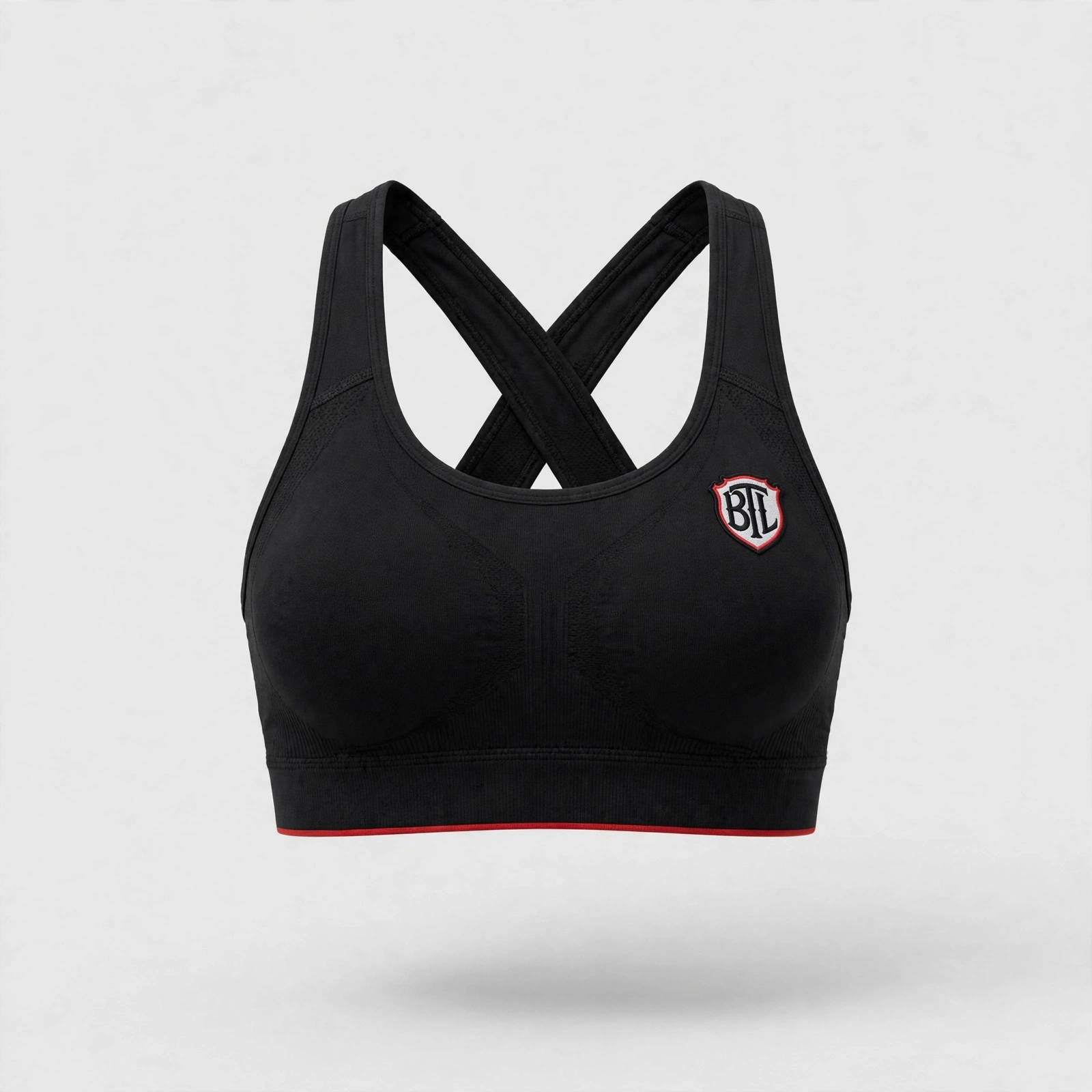 Black Built to Last women’s sports top with red trim and BTL shield emblem