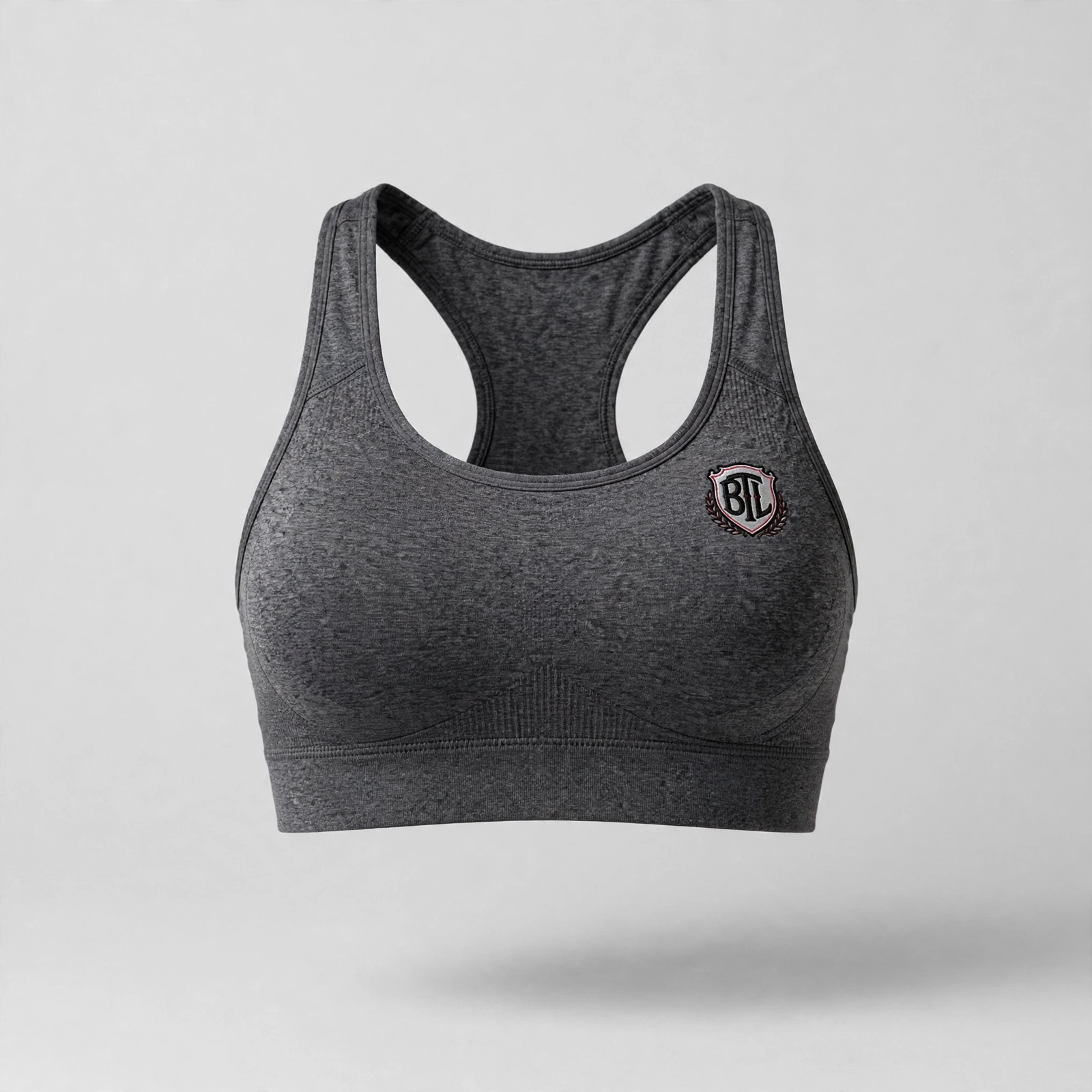 Charcoal Built to Last women’s racerback sports top with BTL shield emblem