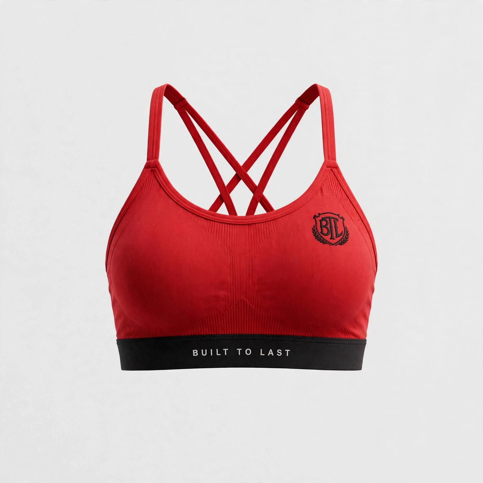 Red Built to Last women’s sports top with black band and BTL emblem