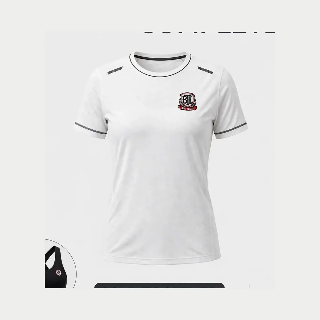 White Built to Last women’s active top with black and red trim and BTL shield emblem