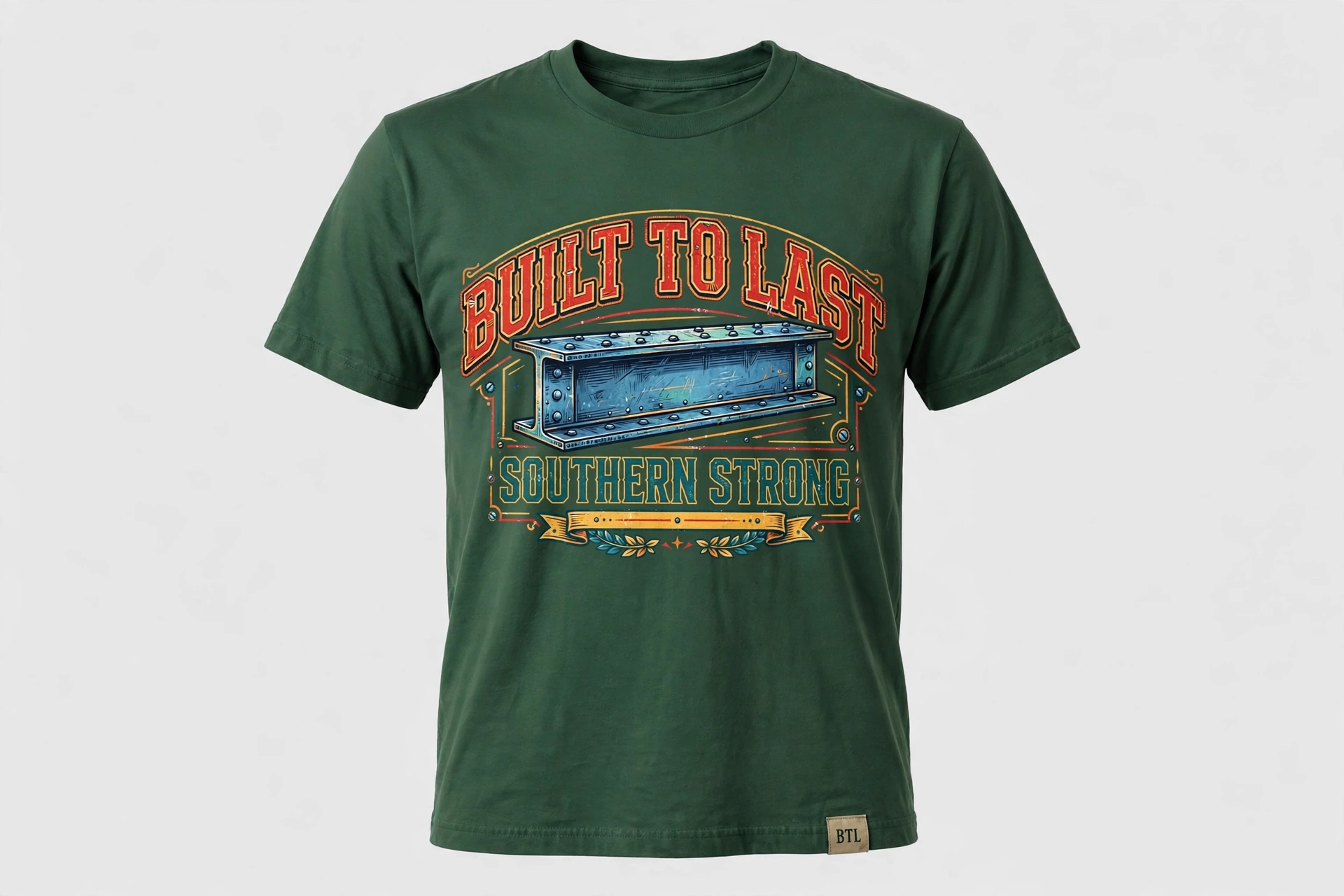 Green Built to Last T-shirt with industrial beam graphic