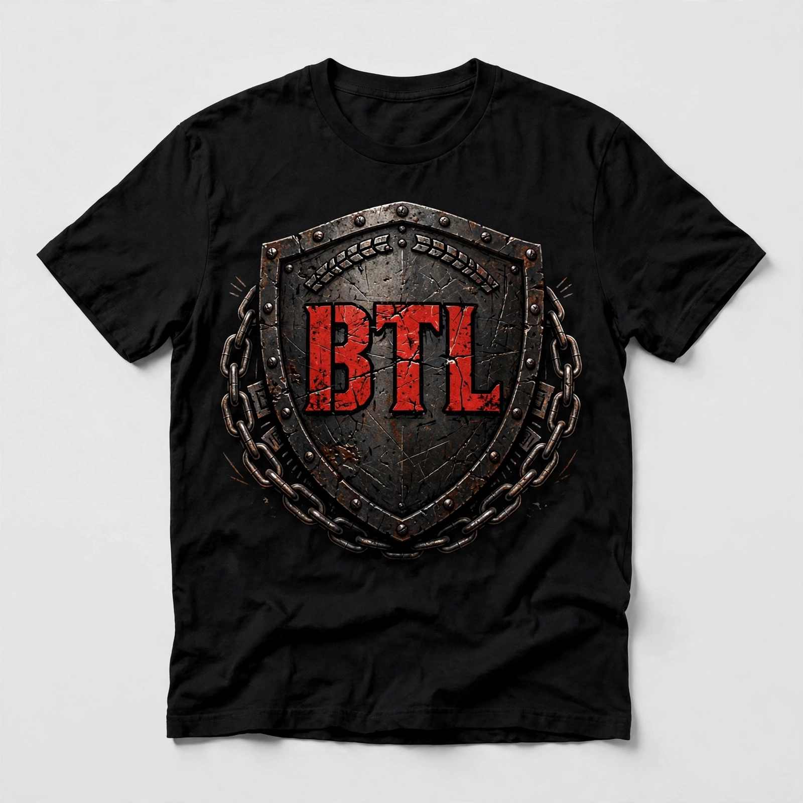 Black Built to Last T-shirt with a rugged iron BTL shield wrapped in chains
