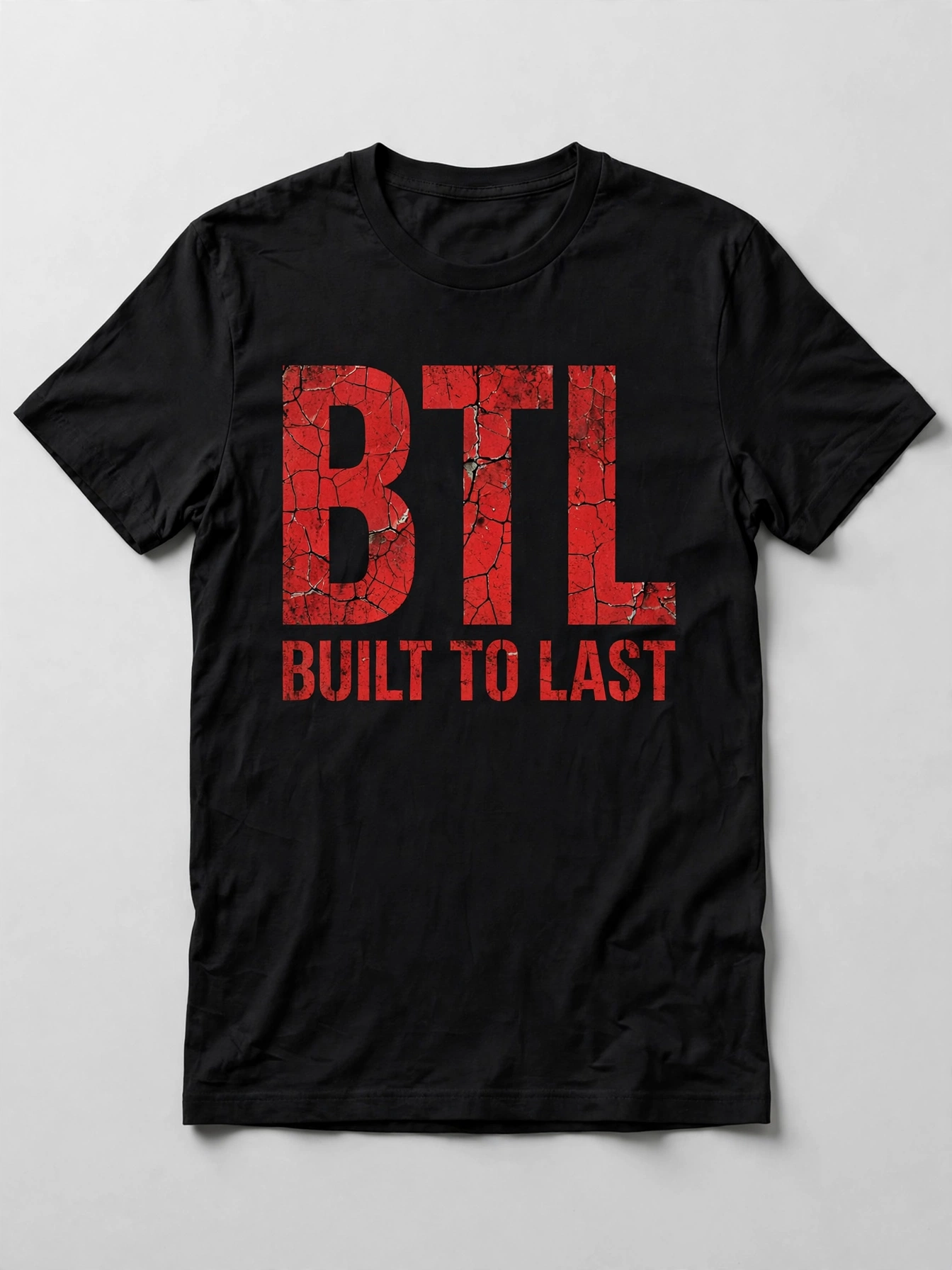 Black Built to Last T-shirt with cracked concrete red BTL lettering