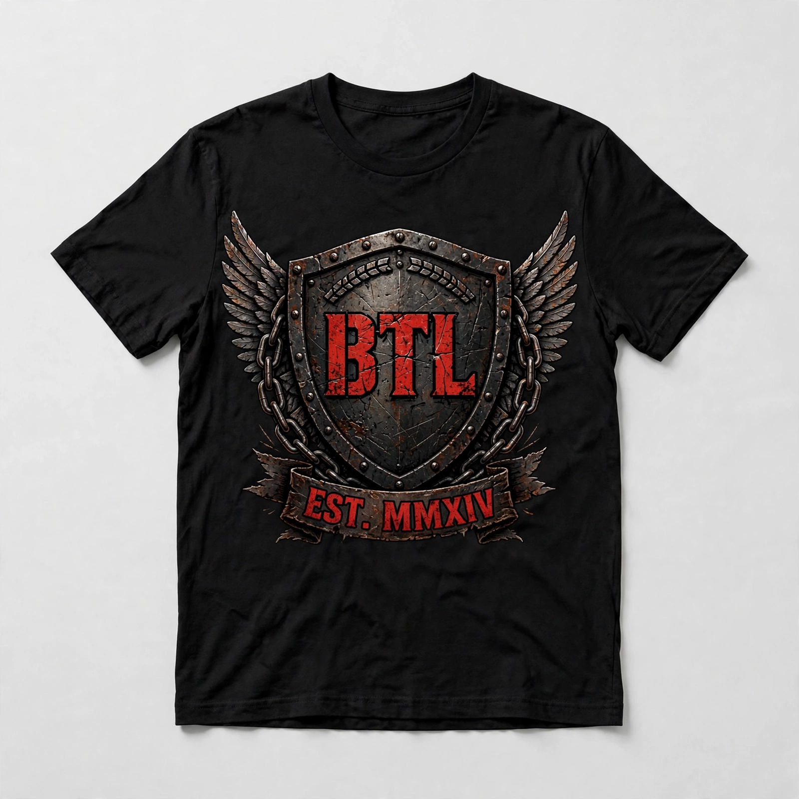 Black Built to Last T-shirt with a winged iron BTL shield and chains