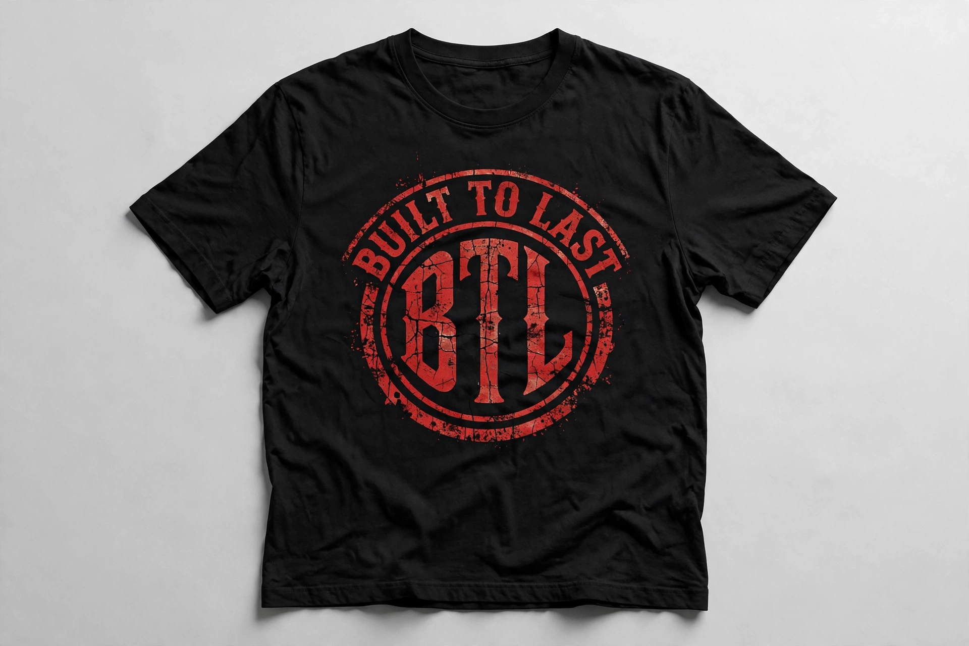 Black Built to Last T-shirt with a vintage red workwear badge