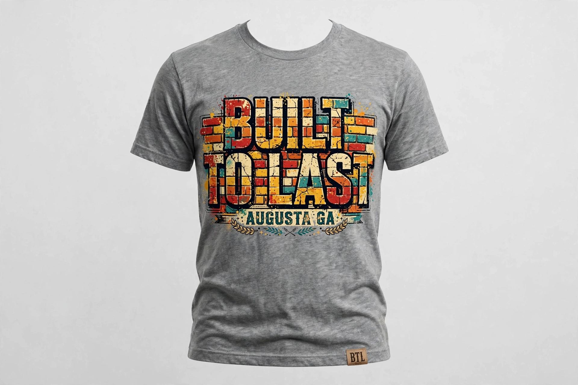 Gray Built to Last T-shirt with bold brick-style lettering