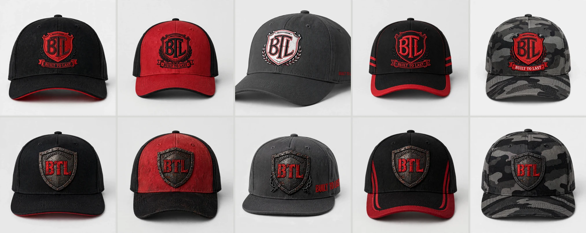 Built to Last fitted hat collection showing ten black, red, charcoal and camouflage designs together