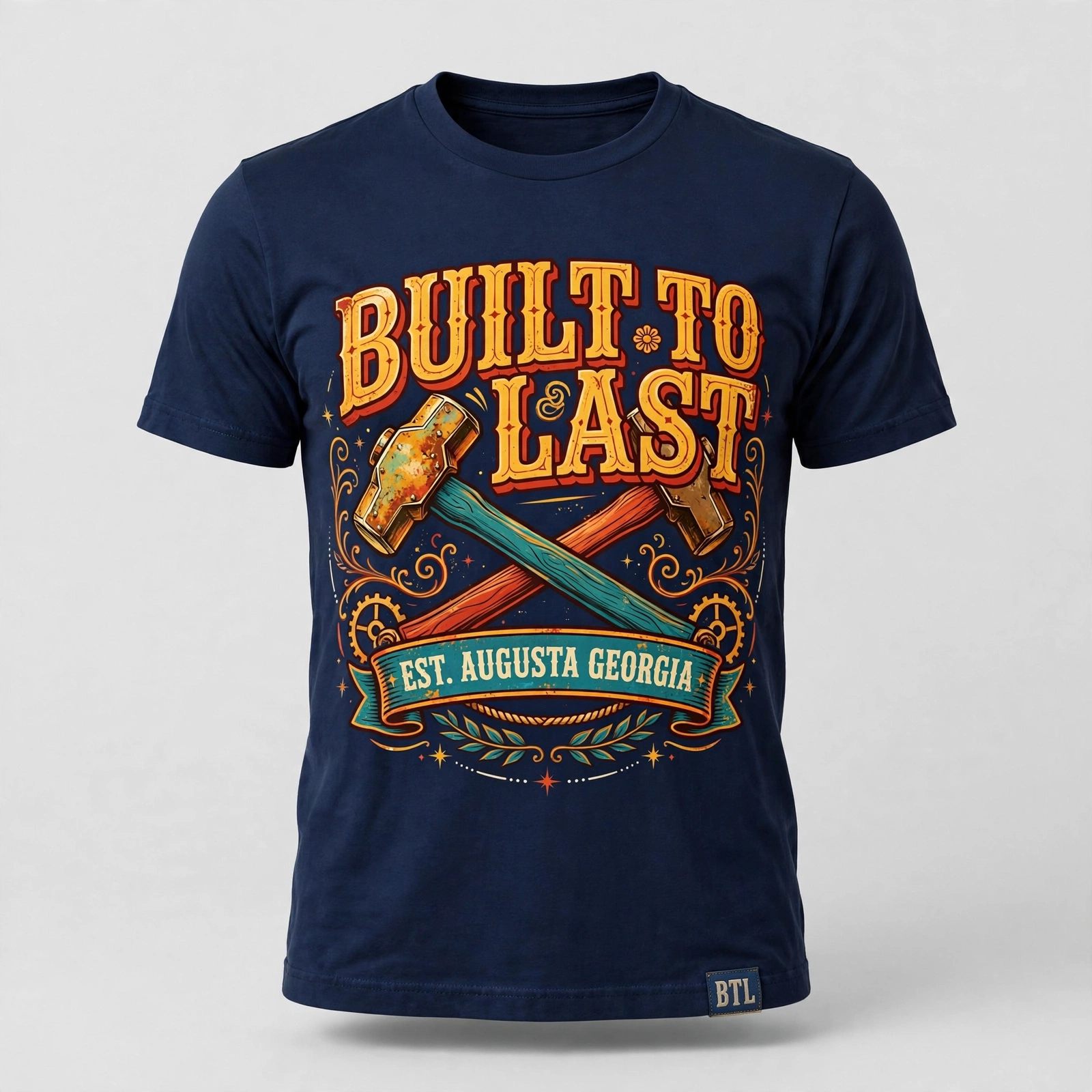 Navy Built to Last T-shirt with crossed hammers graphic