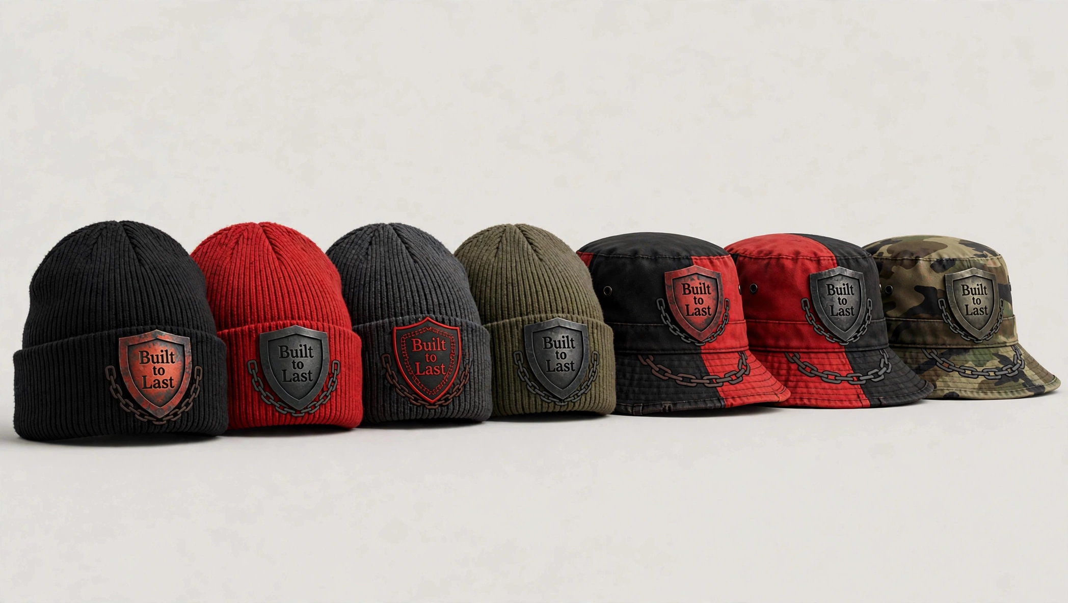 Built to Last collection of four knit skullies and three bucket hats in black, red, charcoal, olive and camouflage