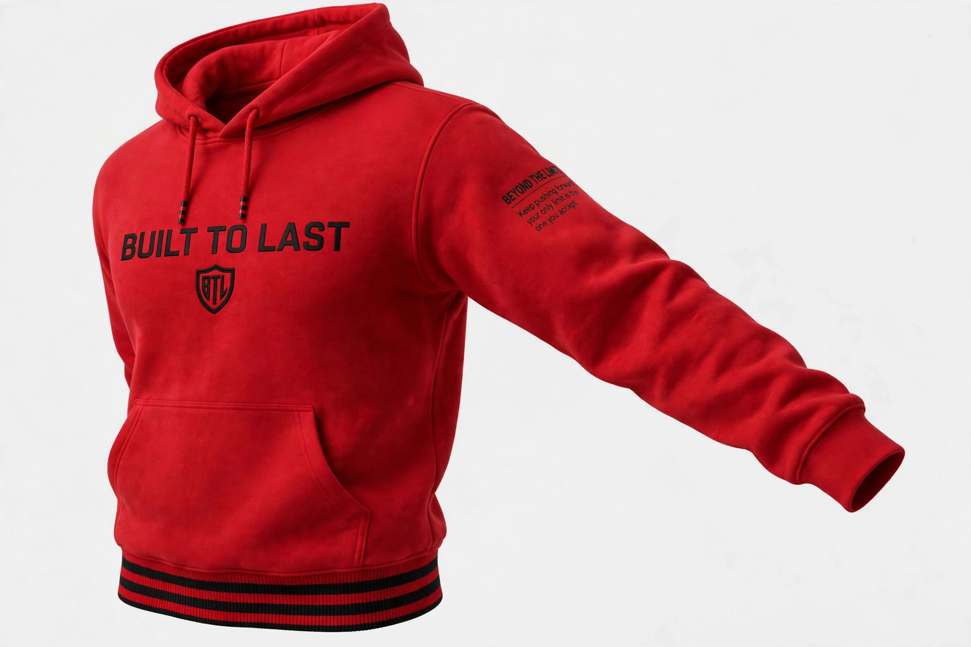Red Built to Last hoodie displayed in ghost mannequin style with black chest lettering, small shield, Beyond the Limits sleeve message and black-and-red striped hem