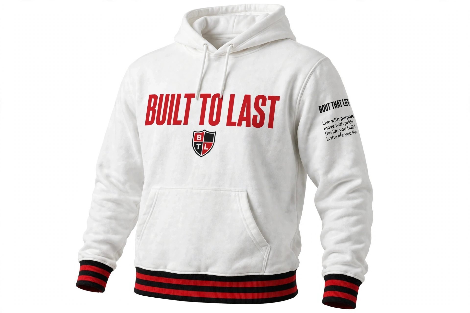 White Built to Last hoodie displayed in ghost mannequin style with red chest lettering, small shield, Bout That Life sleeve message and black-and-red striped trim