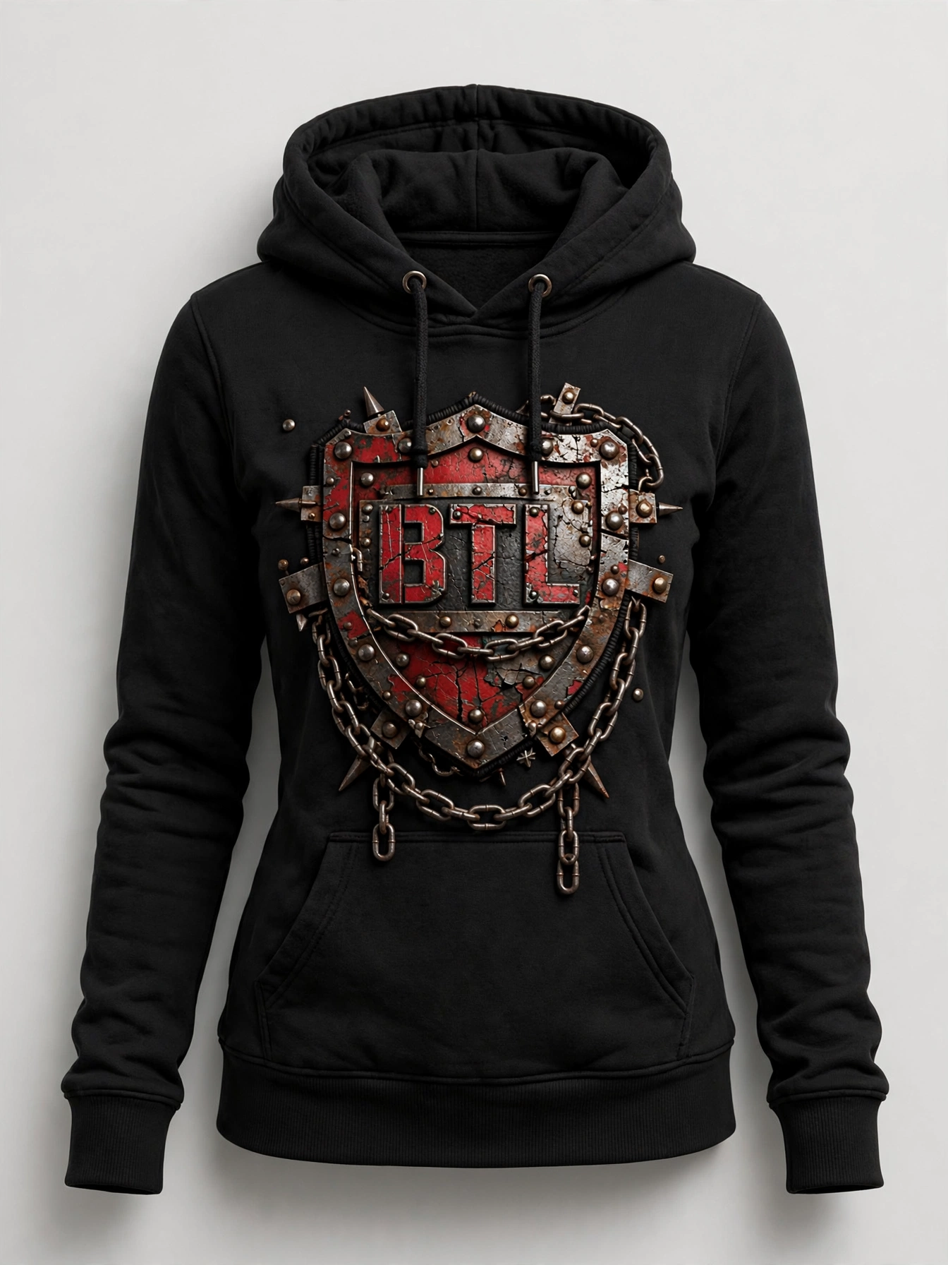 Black Built to Last hoodie with rugged shield graphics, product-only shot with no person wearing it