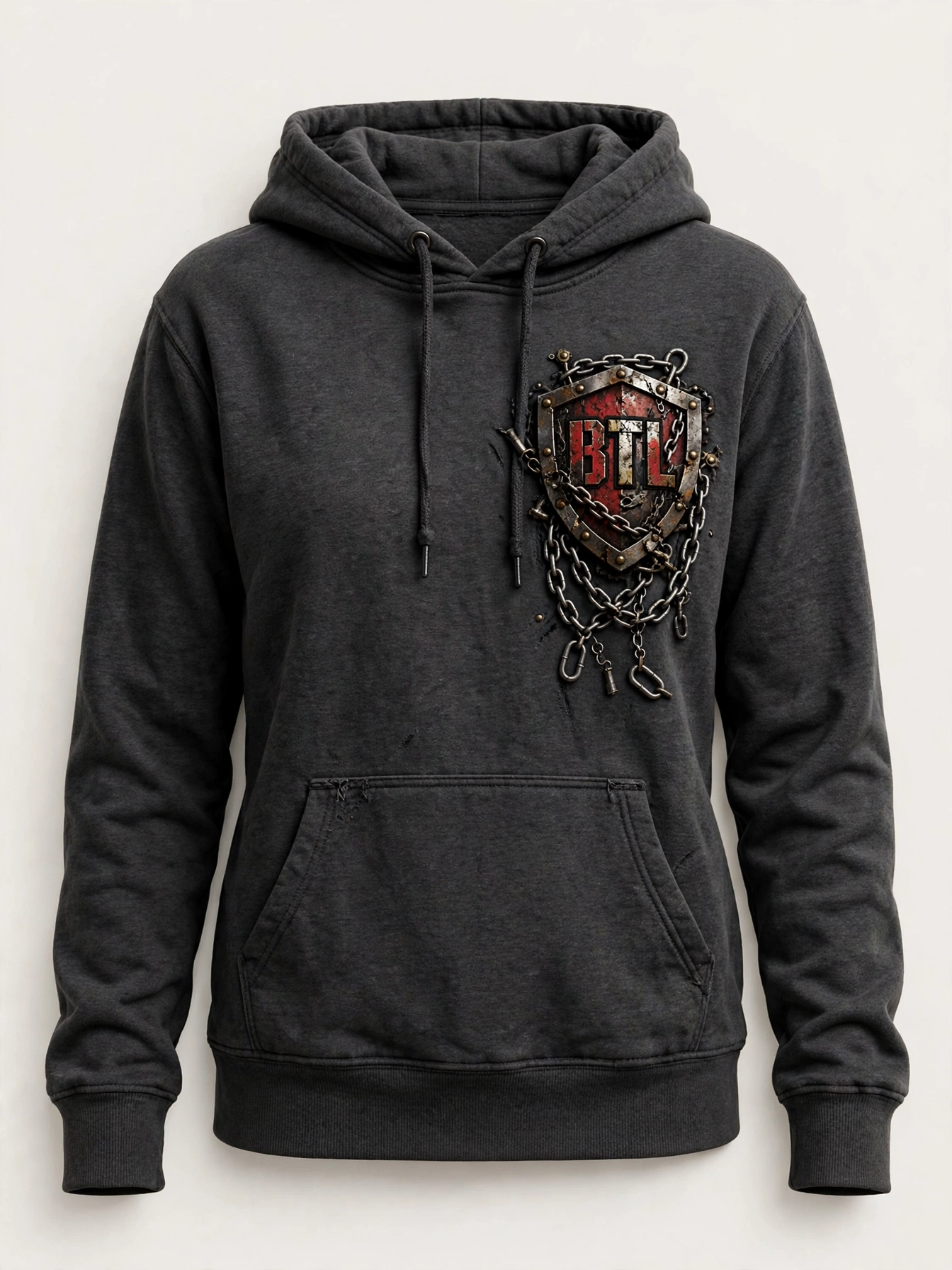 Charcoal Built to Last hoodie with rugged shield graphics, product-only shot with no person wearing it