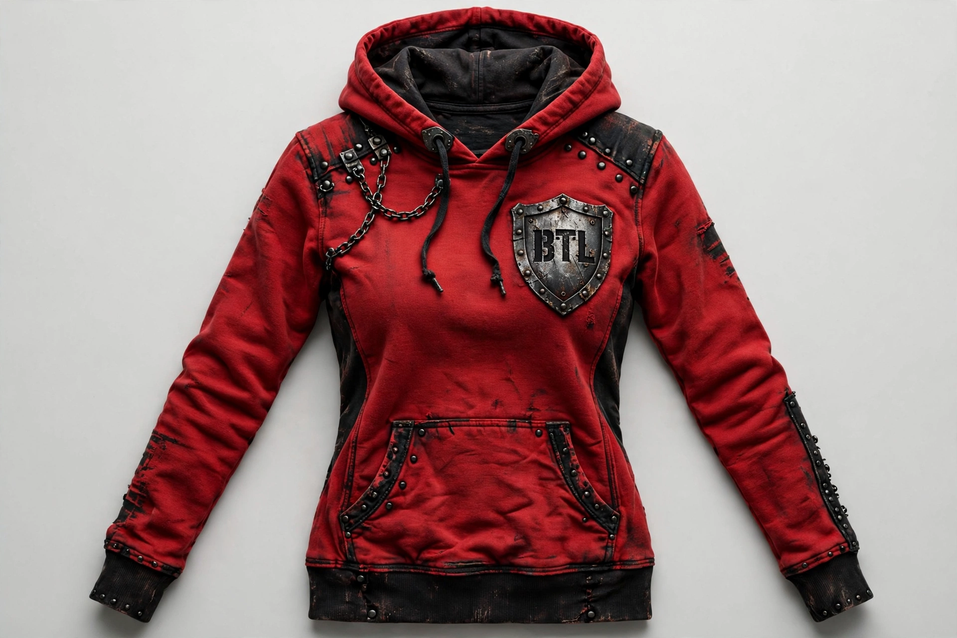 Red Built to Last hoodie with rugged shield graphics, product-only shot with no person wearing it