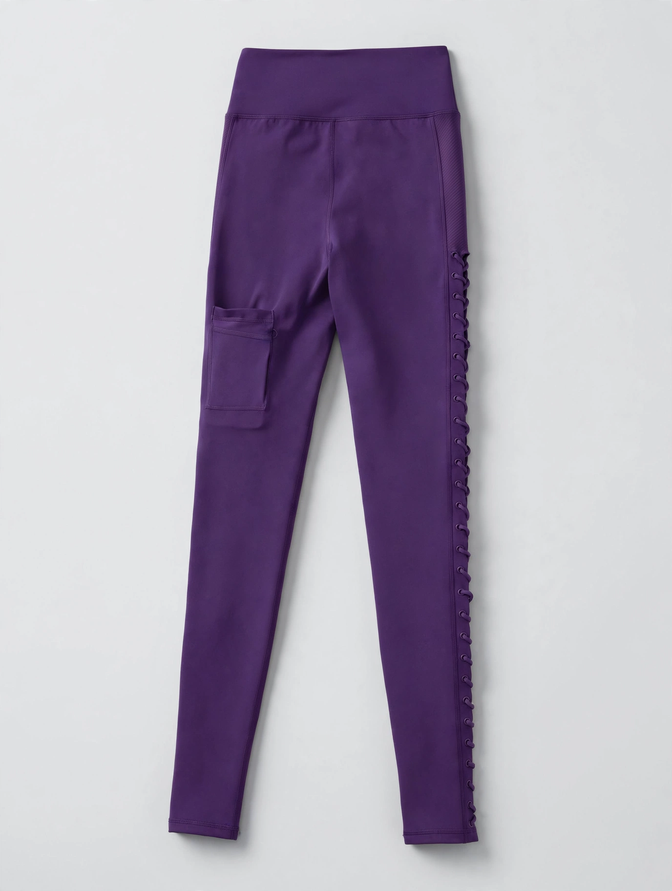 Plain purple lace-up leggings with a side phone pocket, product-only shot with no person wearing them