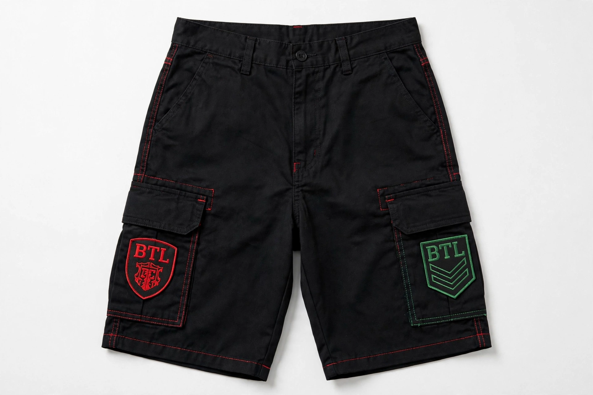 Men’s black cargo shorts with dark Built to Last patches
