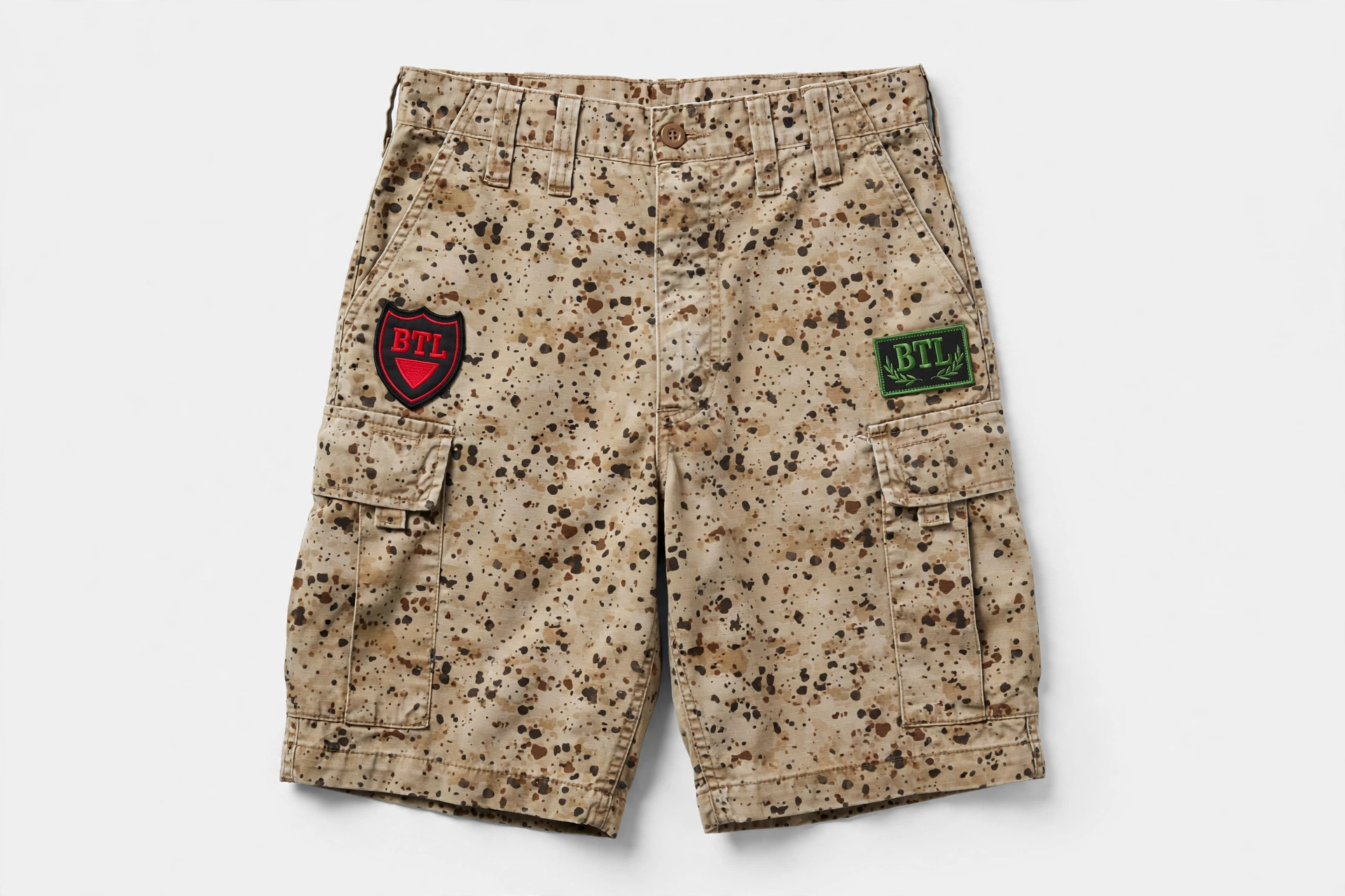 Men’s desert storm camouflage military fatigue shorts with dark Built to Last patches