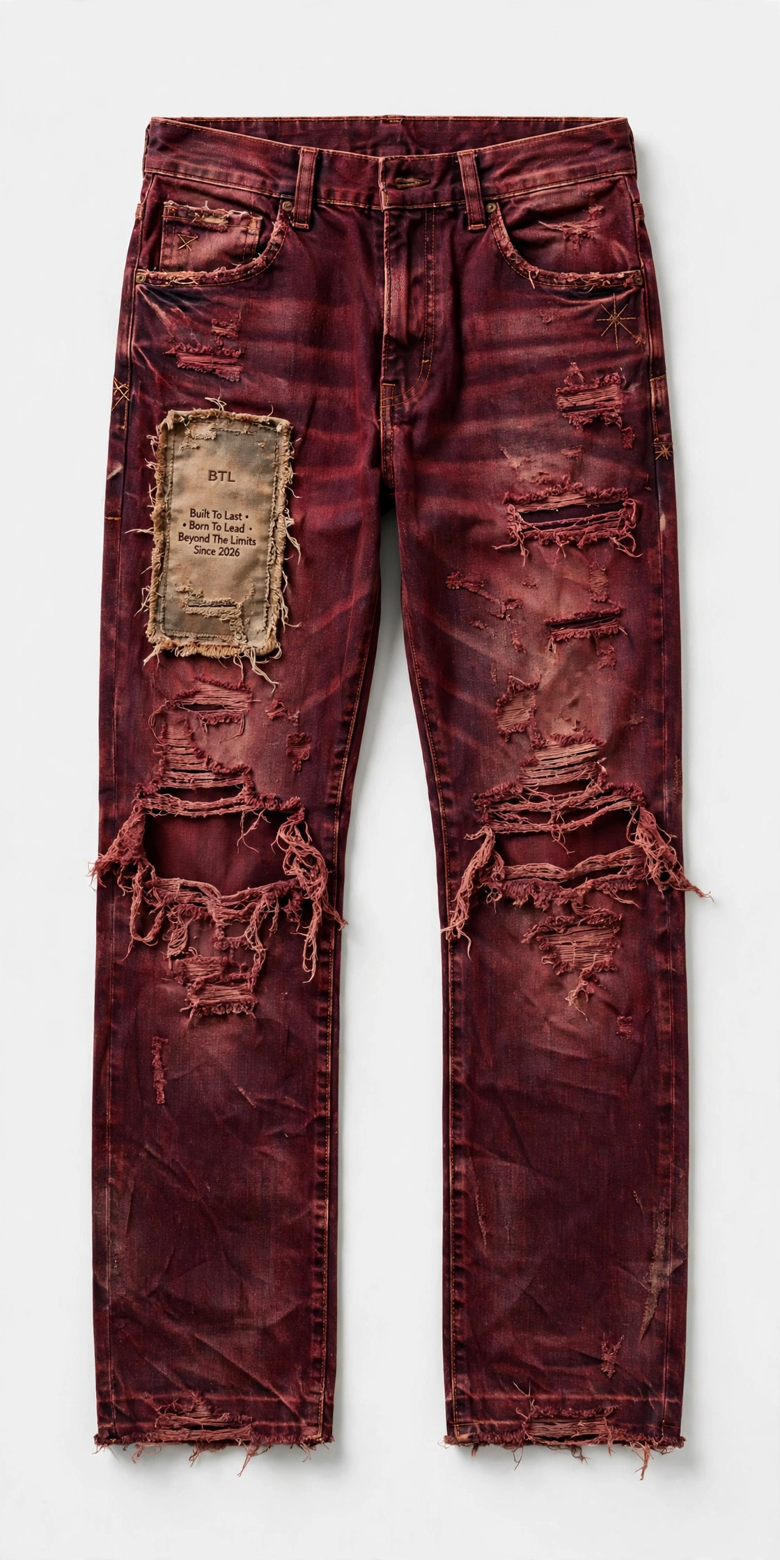 Front view of men’s burgundy rugged Built to Last jeans with distressed holes and a weathered BTL definition patch on the thigh