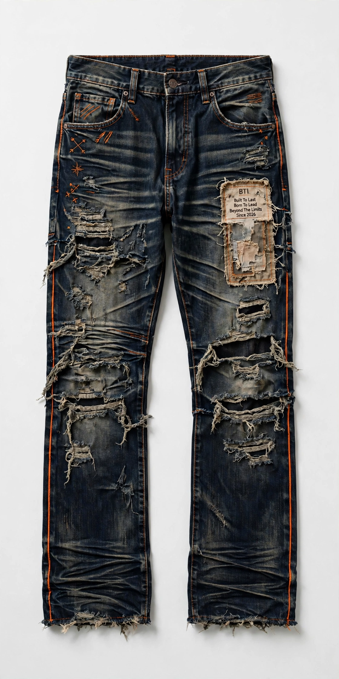 Front and back views of men’s distressed medium-wash Built to Last jeans with a shield back-pocket patch and red Believe and Achieve script down the thigh