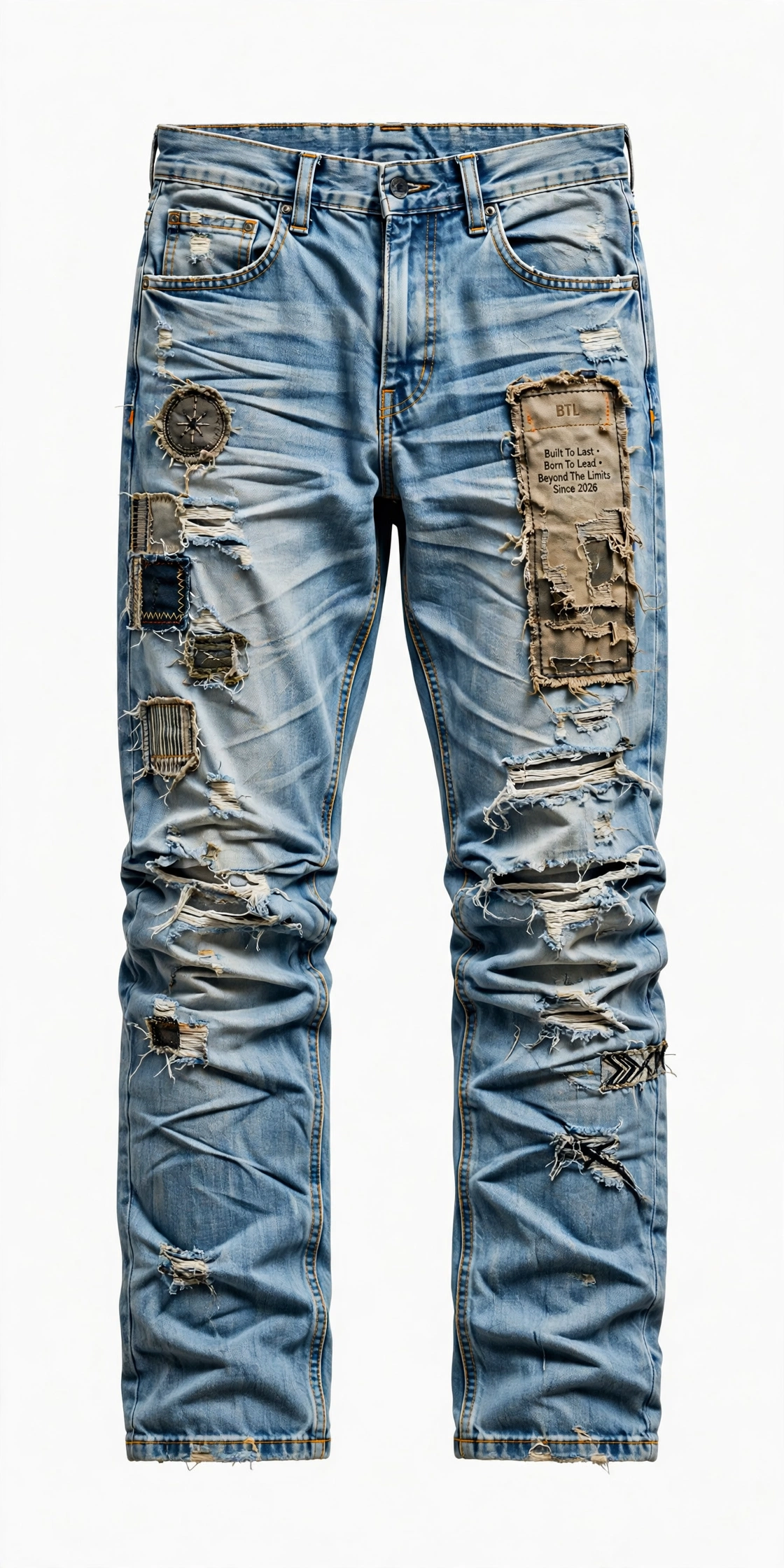Front and back views of men’s very light blue straight-fit Built to Last jeans with ripped holes, black and red paint splatter, four thigh patches and permanent wrinkles below the knees