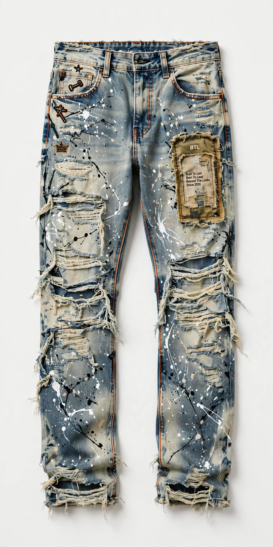 Front and back views of men’s heavily ripped Built to Last jeans with white and red paint splatter and a shield back-pocket patch