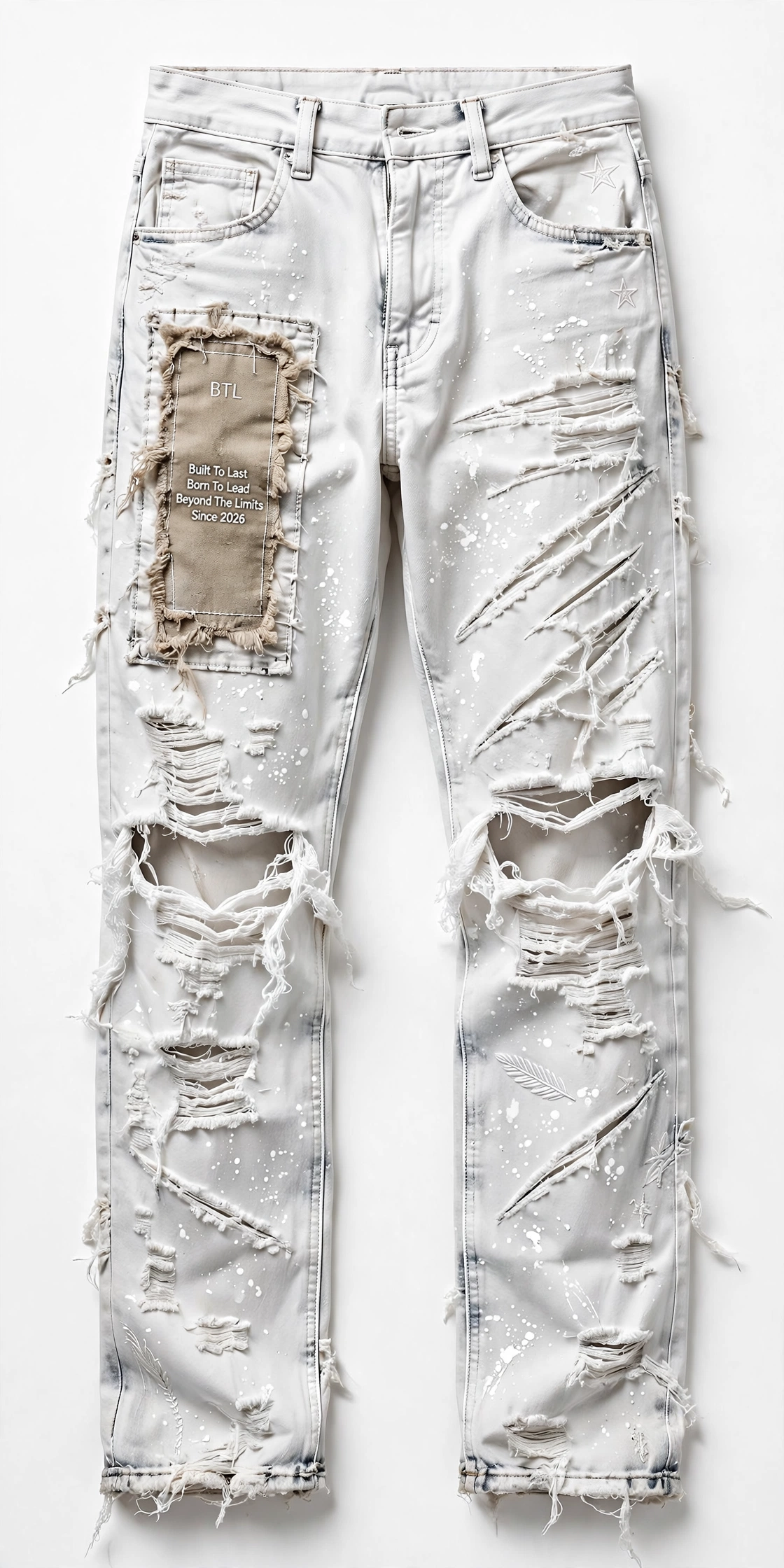 Front view of men’s white rugged Built to Last jeans with distressed holes, white paint splatter and a weathered BTL definition patch on the thigh