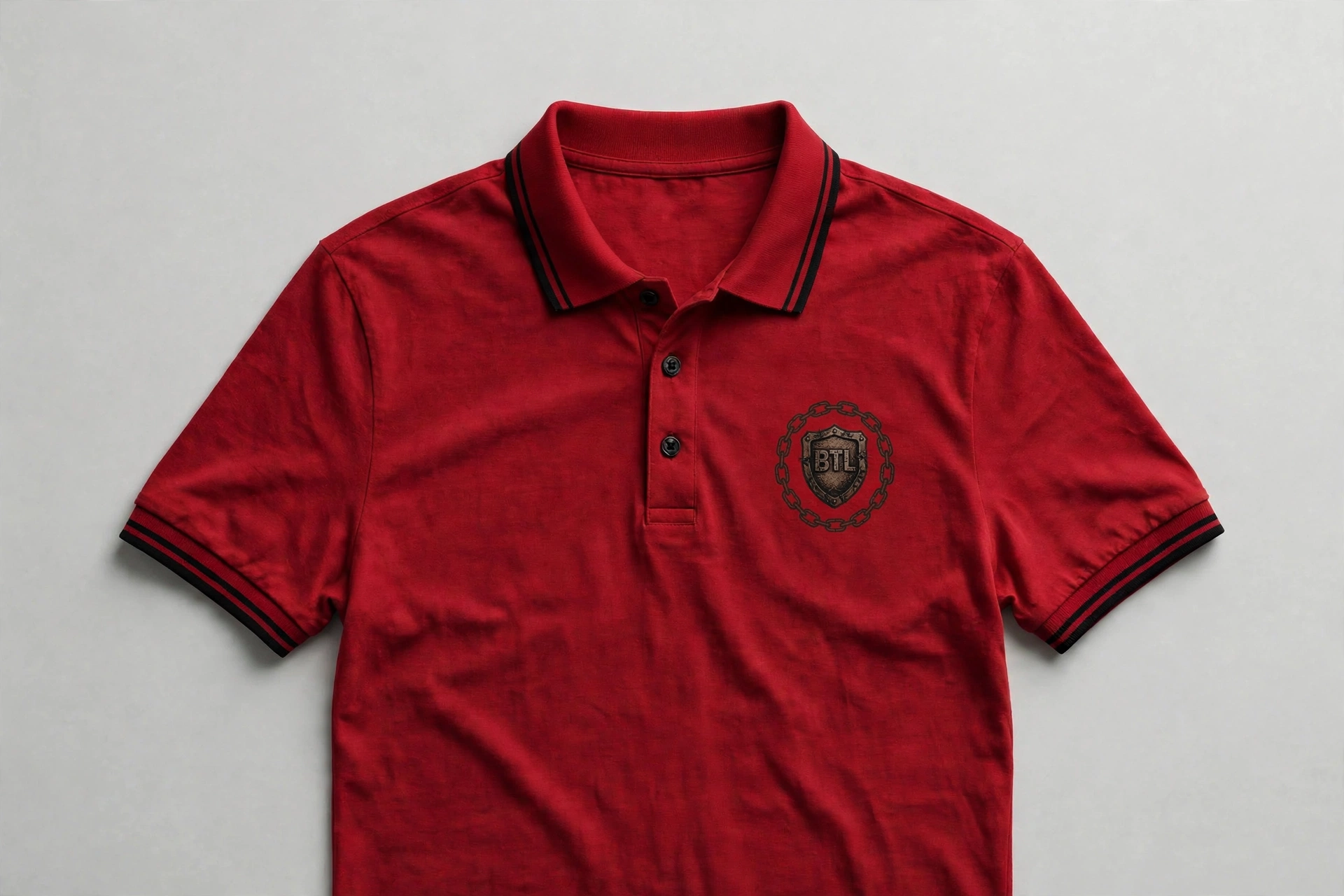 Red men’s Built to Last polo with a small black BTL shield and black collar tipping