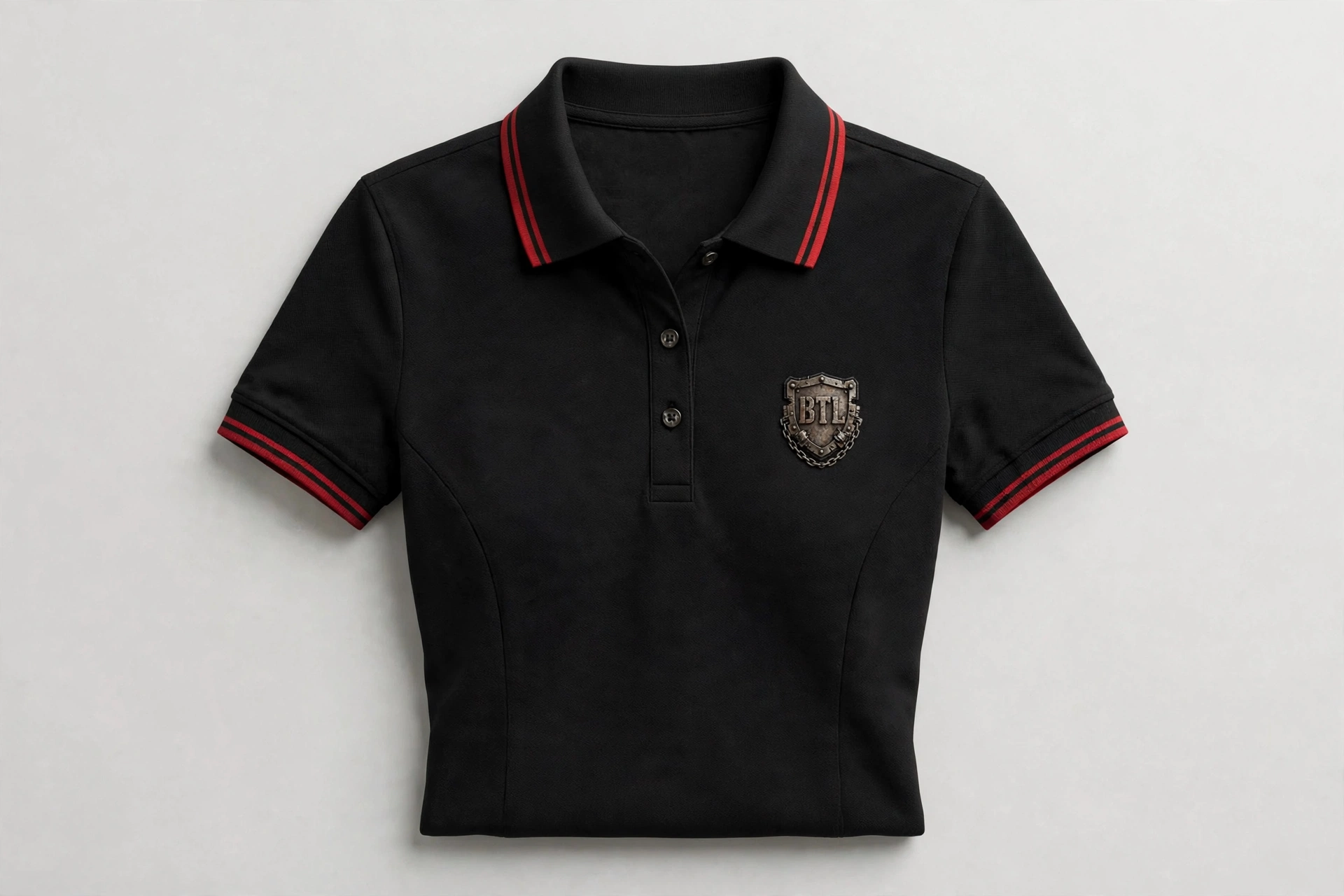 Black women’s Built to Last polo with red detailing and a shield emblem