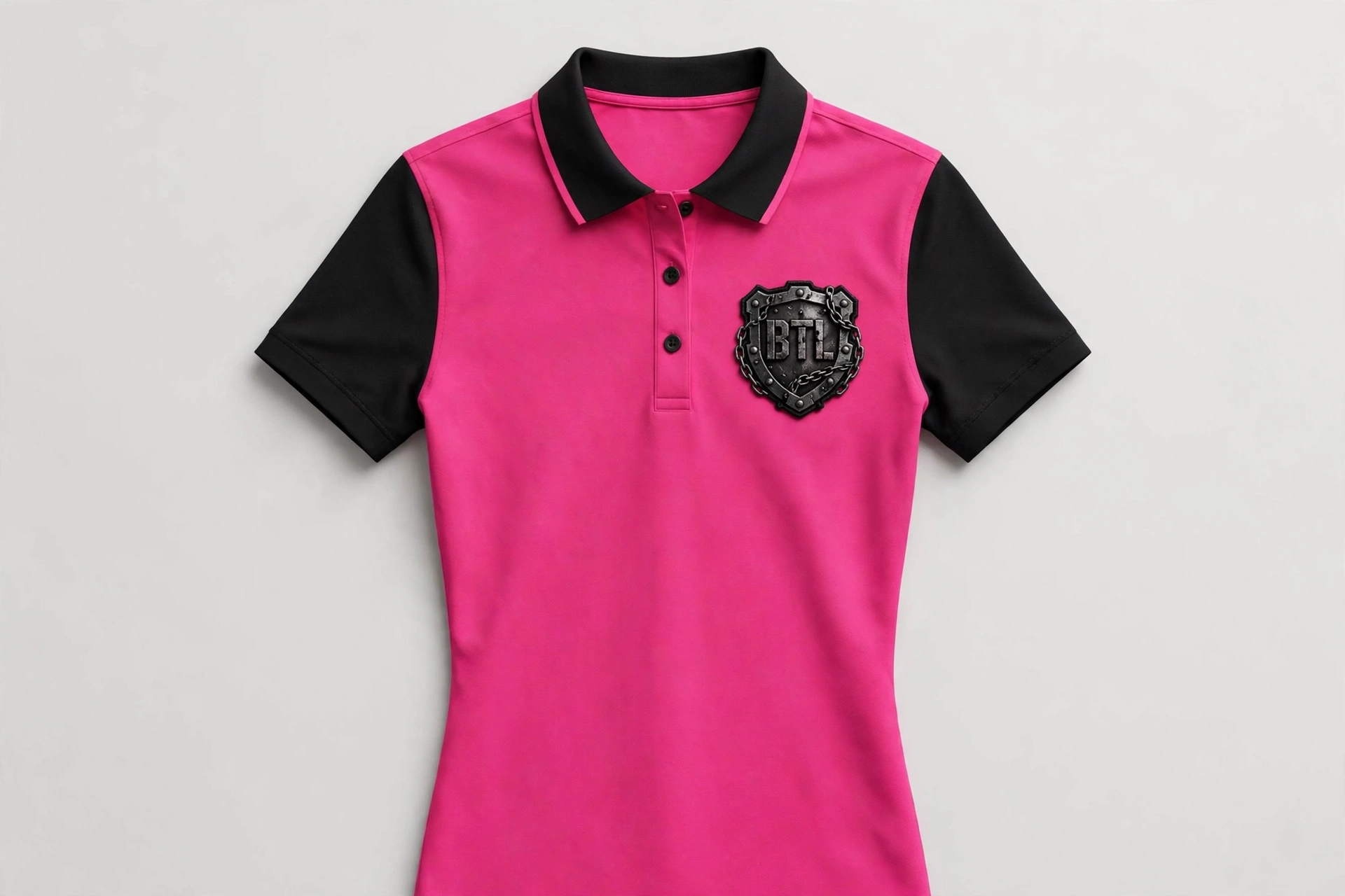 Pink and black two-tone women’s Built to Last polo with a shield emblem