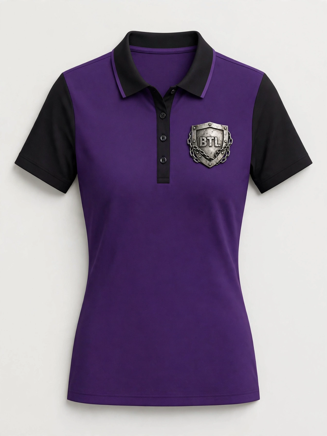 Purple and black two-tone women’s Built to Last polo with a shield emblem