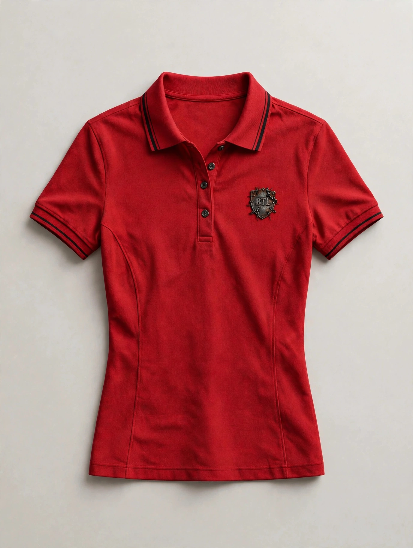 Red women’s Built to Last polo with black detailing and a shield emblem
