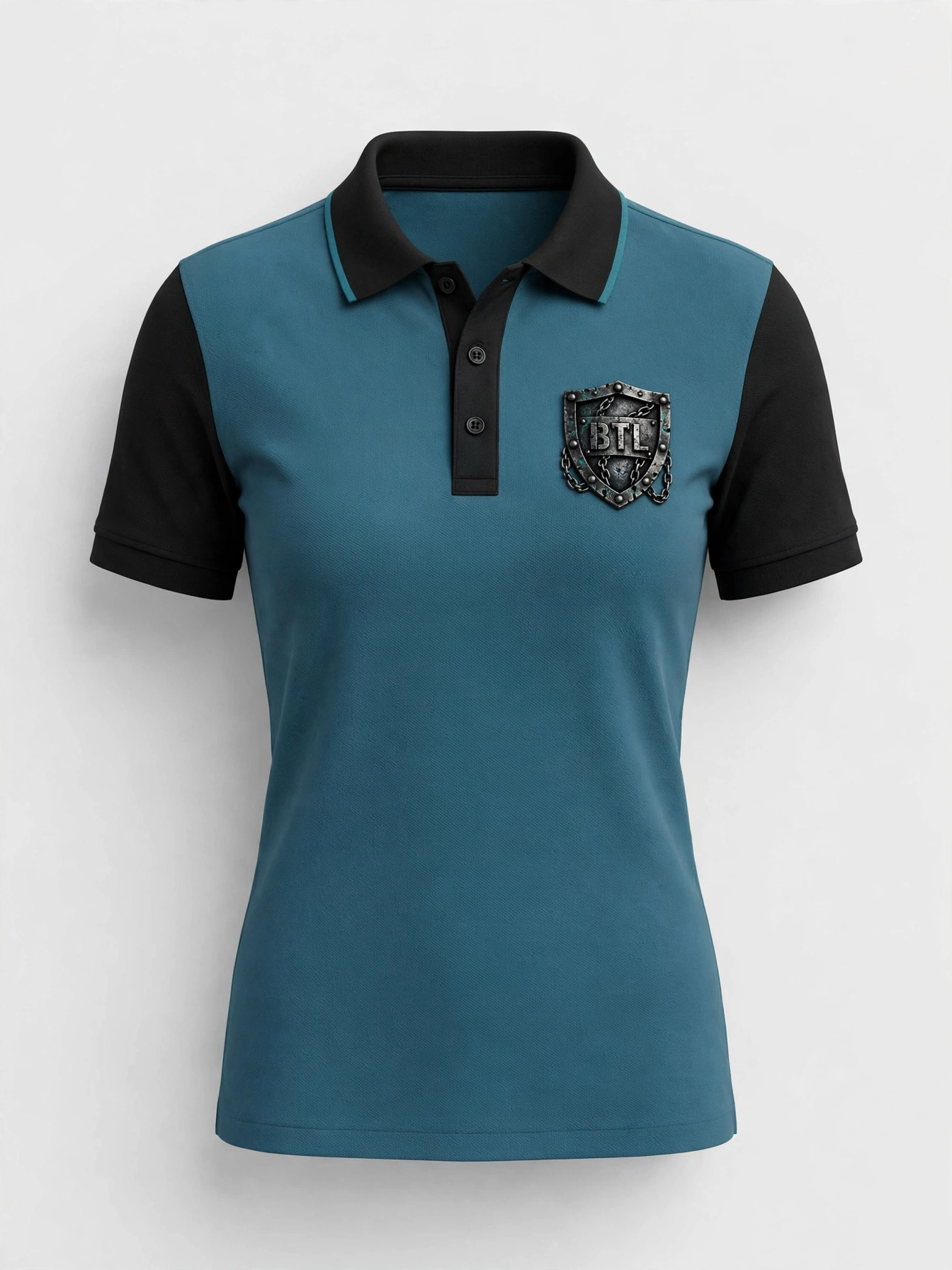 Teal and black two-tone women’s Built to Last polo with a shield emblem