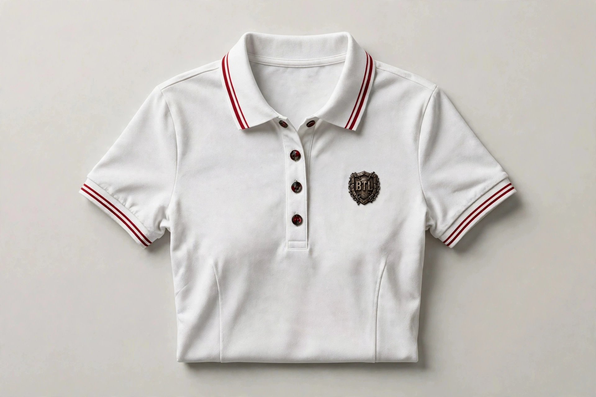 White women’s Built to Last polo with red detailing and a shield emblem
