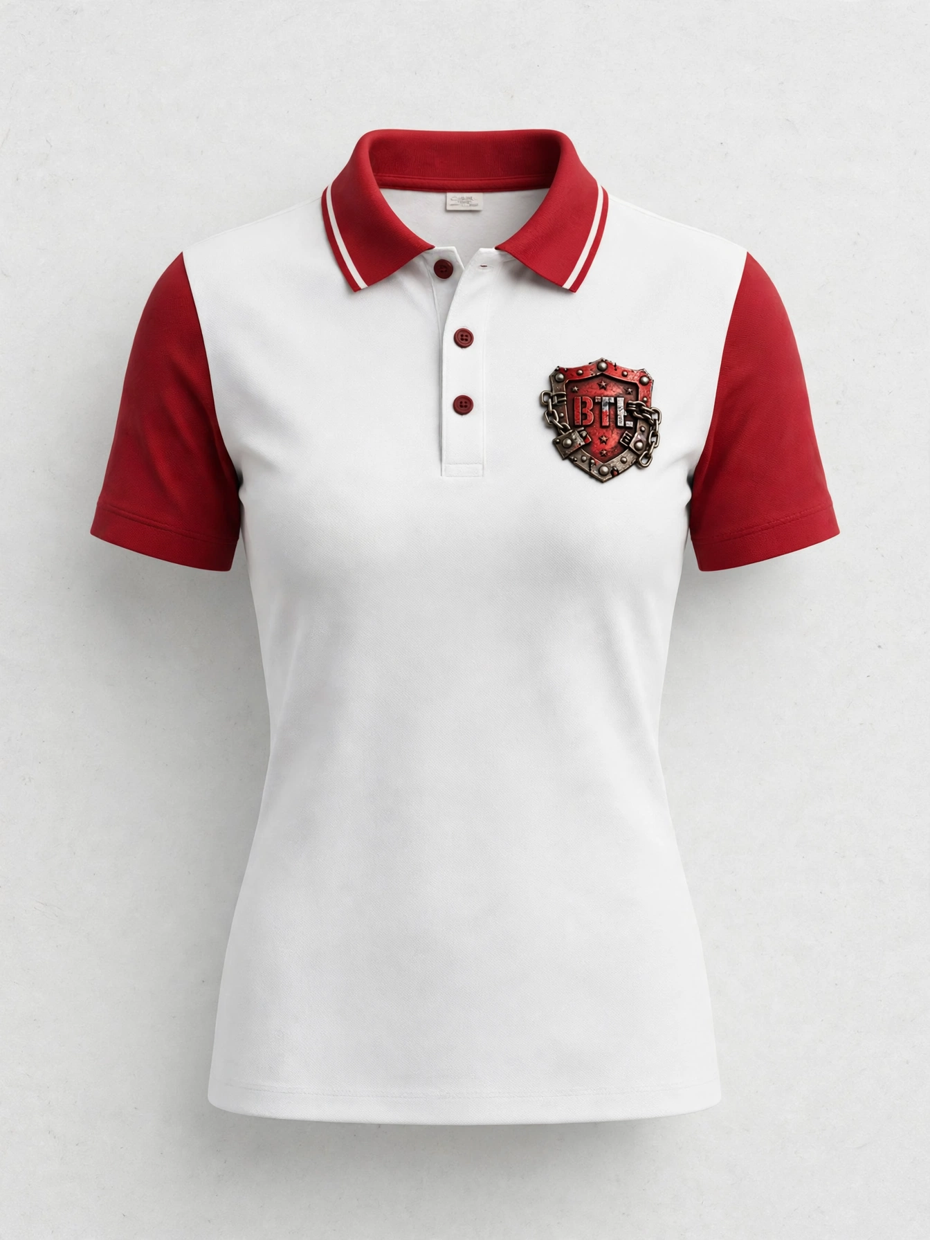 White and red two-tone women’s Built to Last polo with a shield emblem