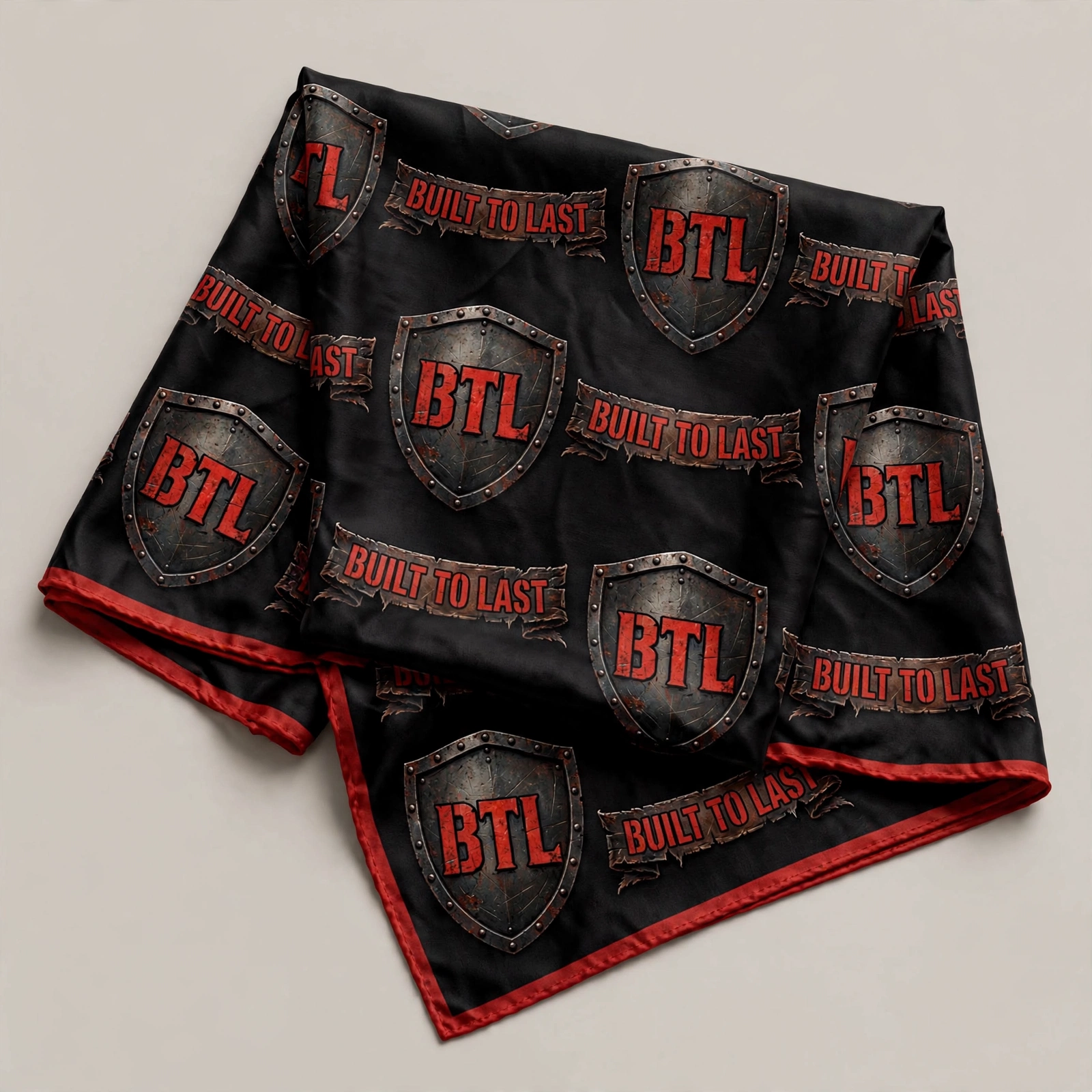 Black satin Built to Last head scarf with repeating rugged iron BTL shields and red trim