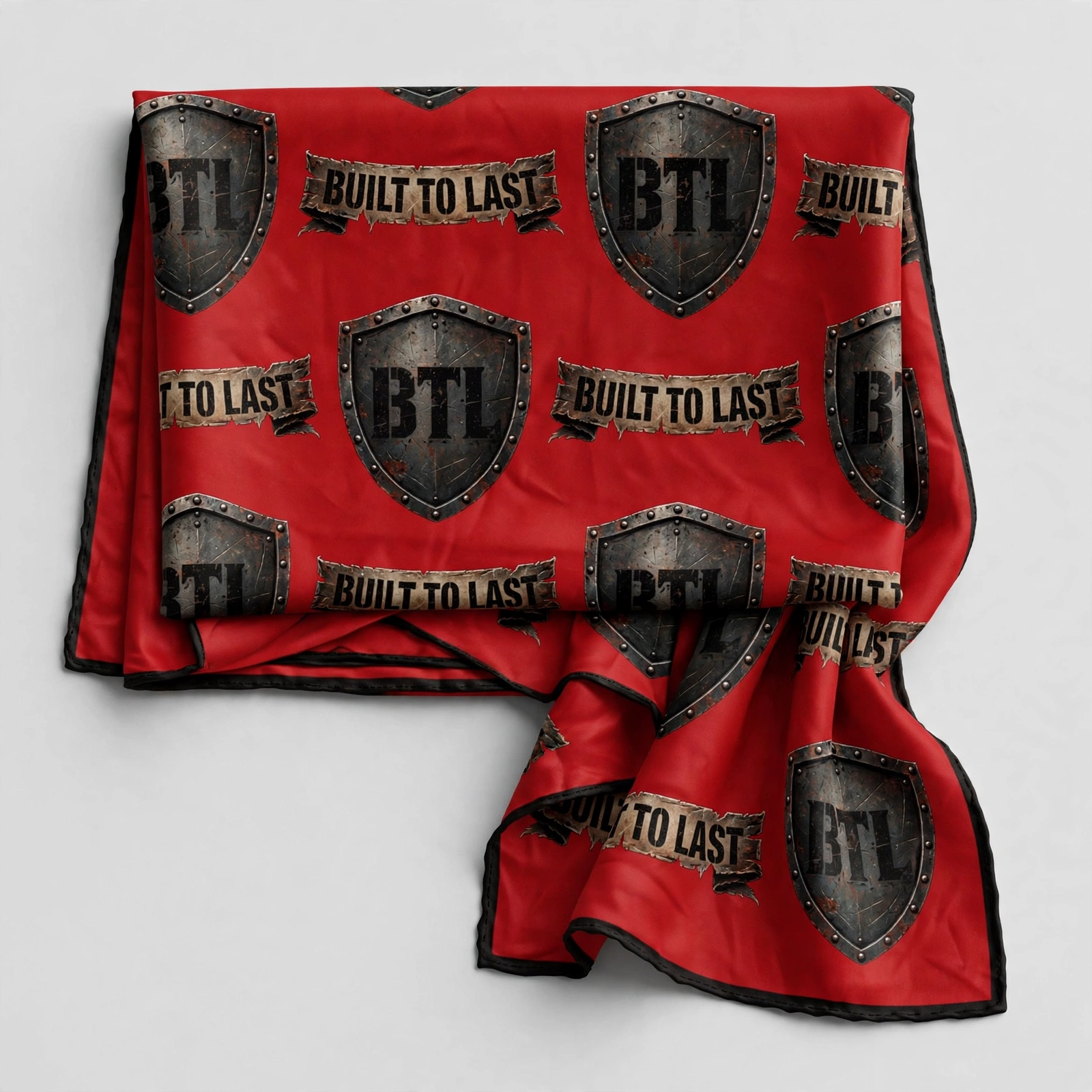 Red satin Built to Last head scarf with repeating rugged iron BTL shields and black trim