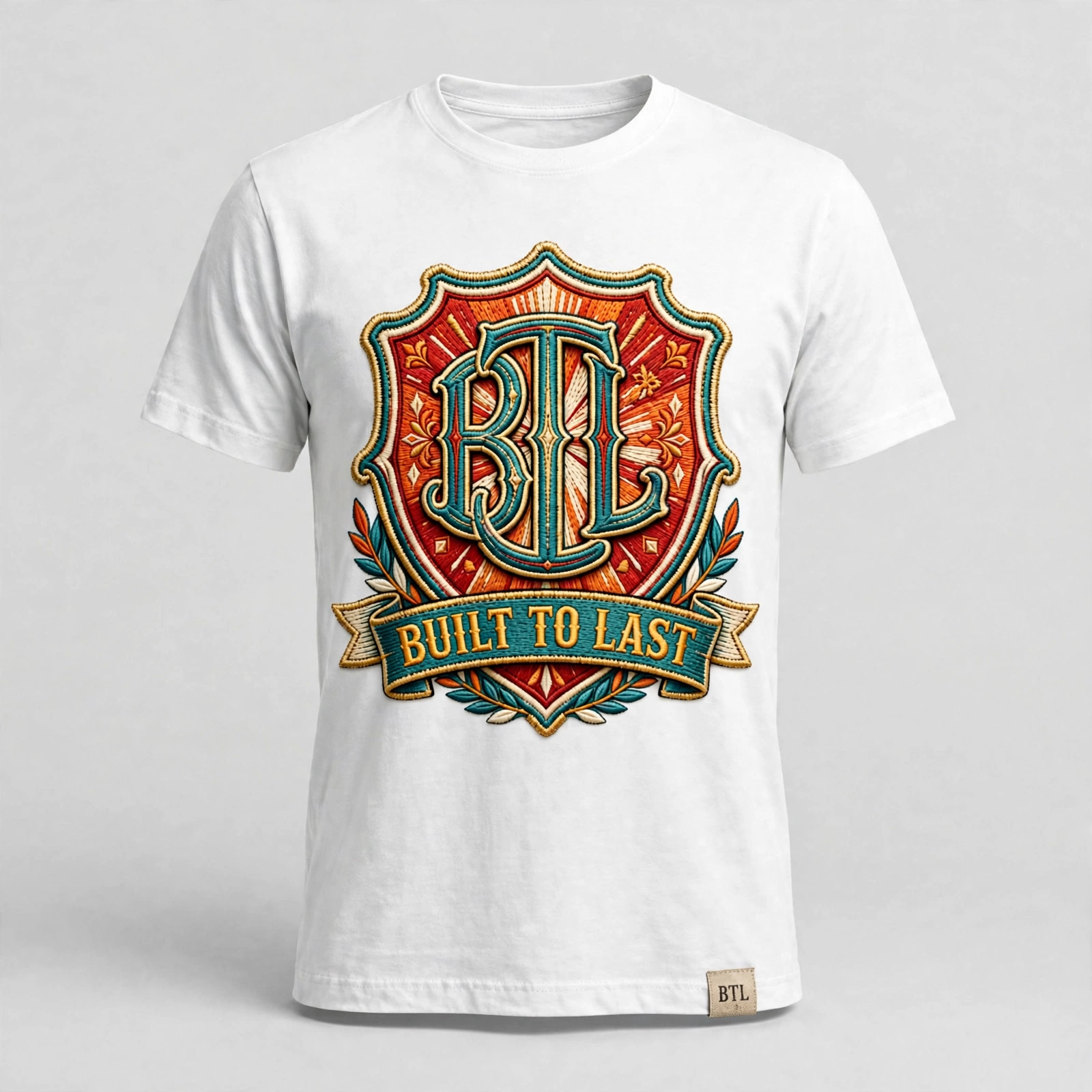 White Built to Last T-shirt with red and green shield emblem