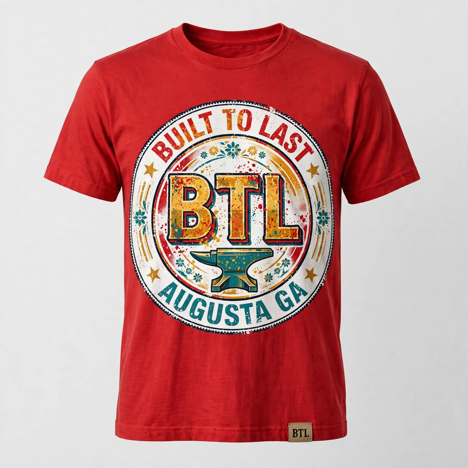 Red Built to Last T-shirt with circular Augusta stamp graphic