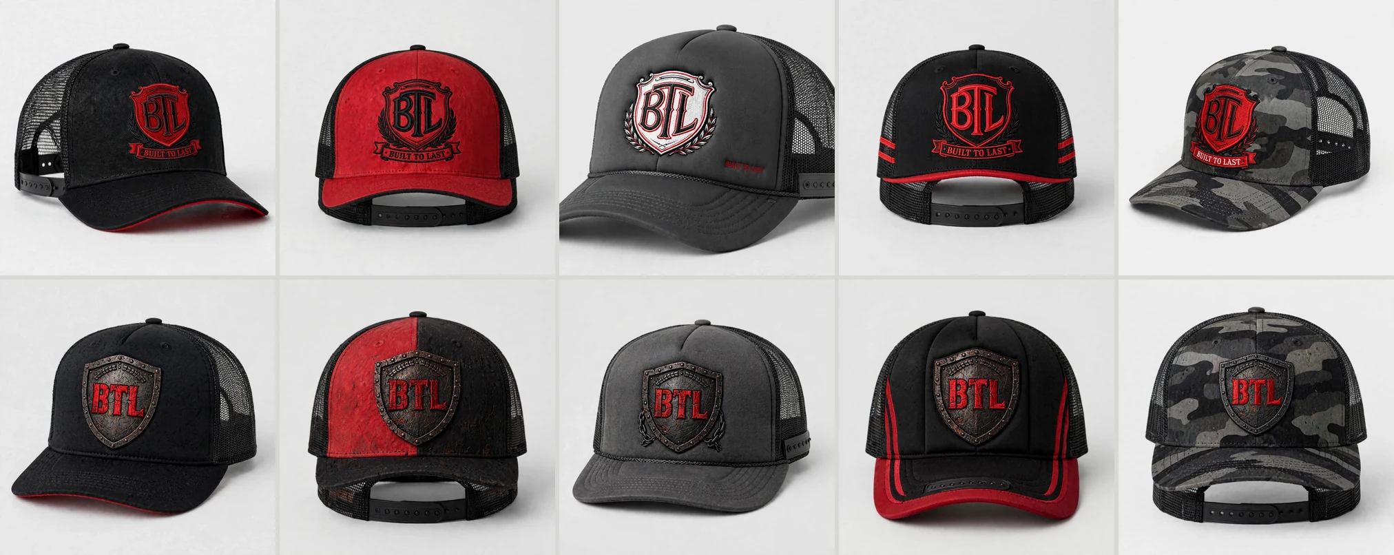 Built to Last trucker hat collection showing ten black, red, charcoal and camouflage mesh-back designs together