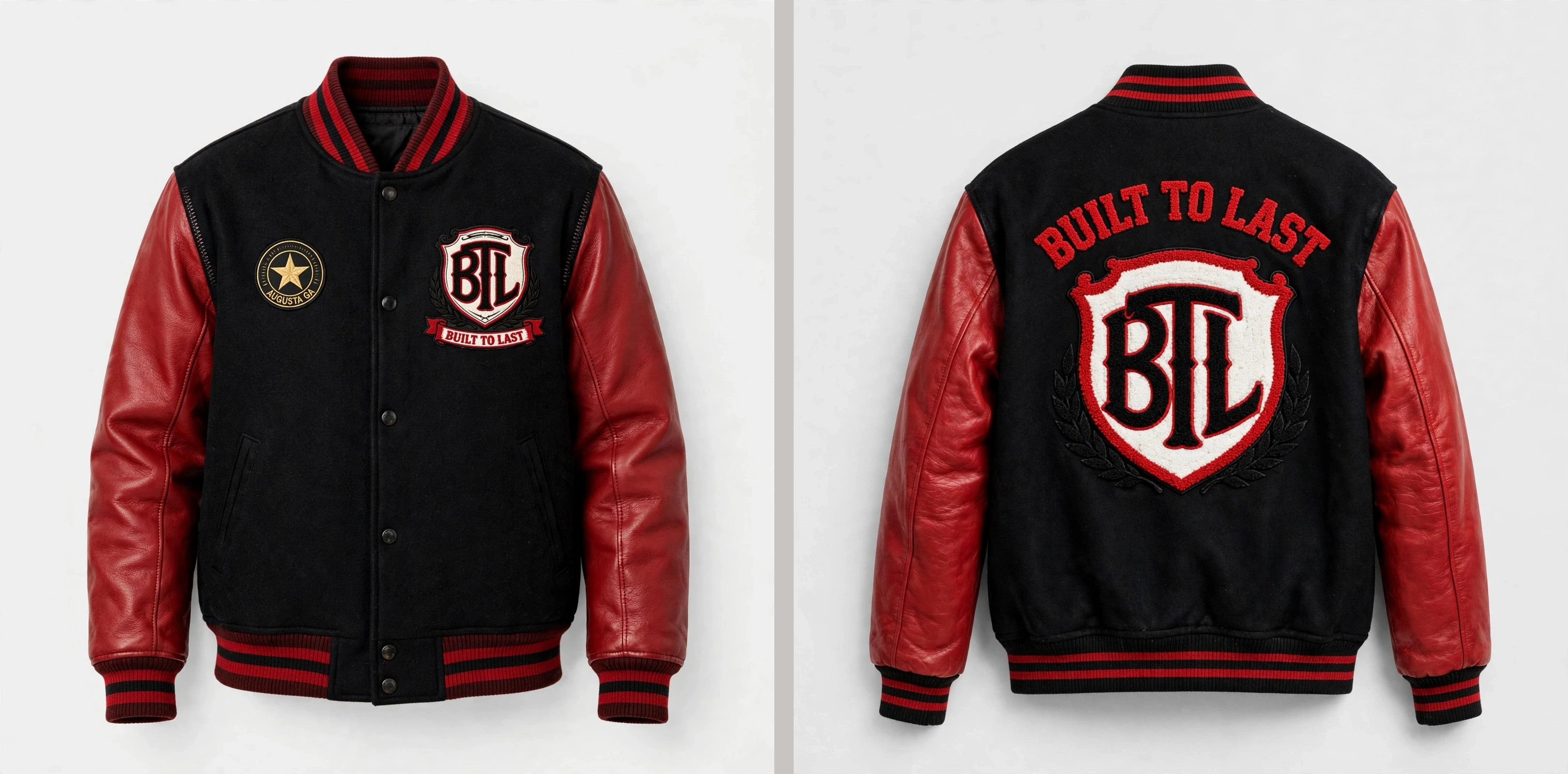 Front and back views of the black and red Built to Last varsity jacket concept with BTL shield emblems