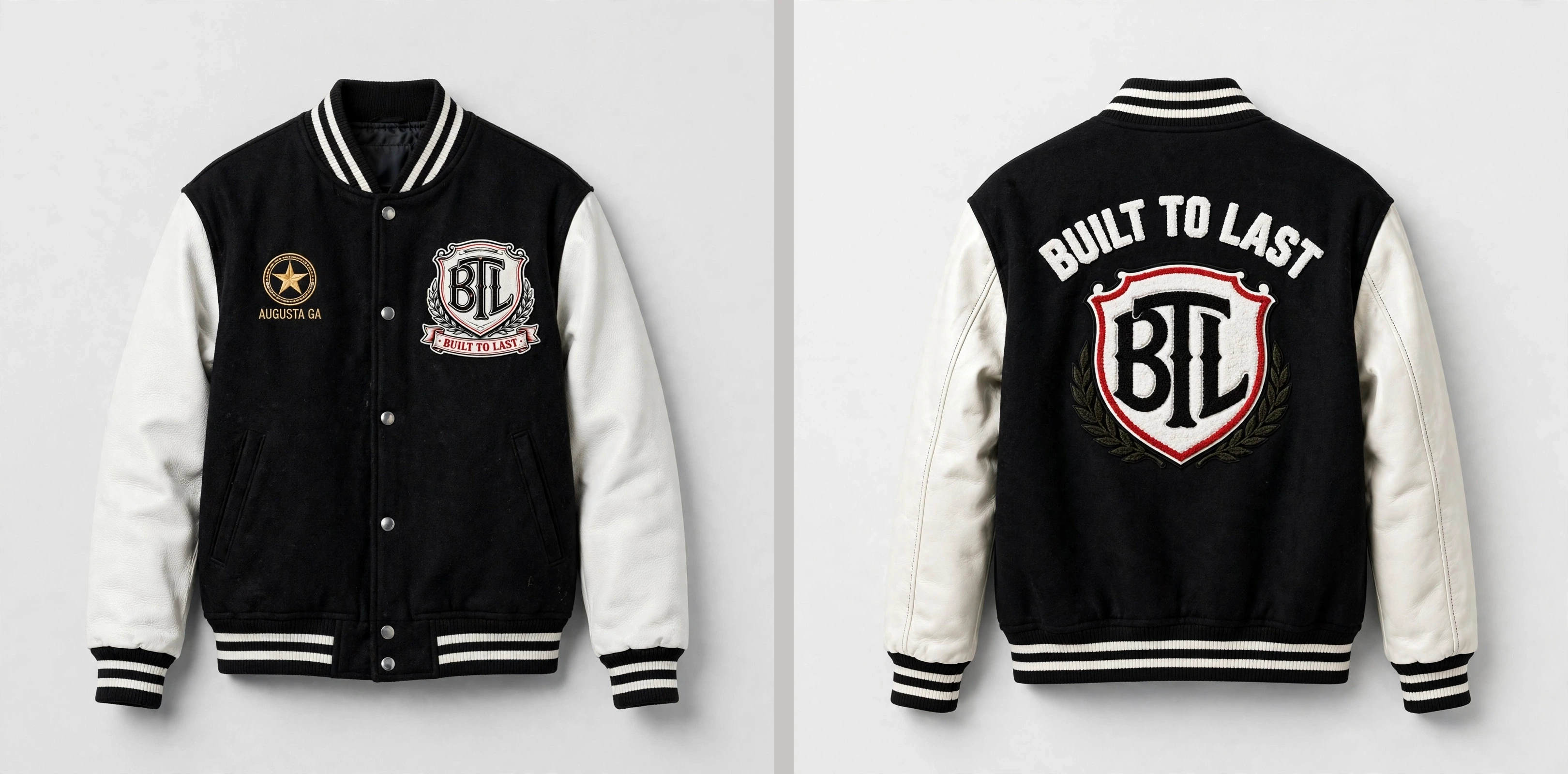 Front and back views of the black and white Built to Last varsity jacket concept with BTL shield emblems